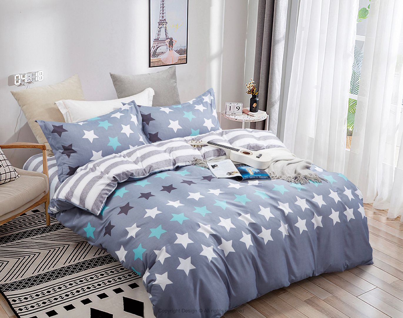 V493-MK-429-88153-00 Stars King Size Quilt/Duvet Cover Set - Image 1