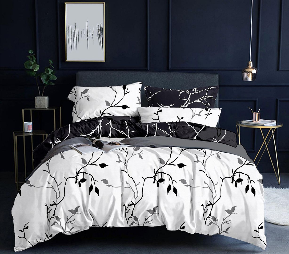 V493-MSK-386-87657-00 Tree Reversible Super King Size White Duvet Quilt Cover Set - Image 1