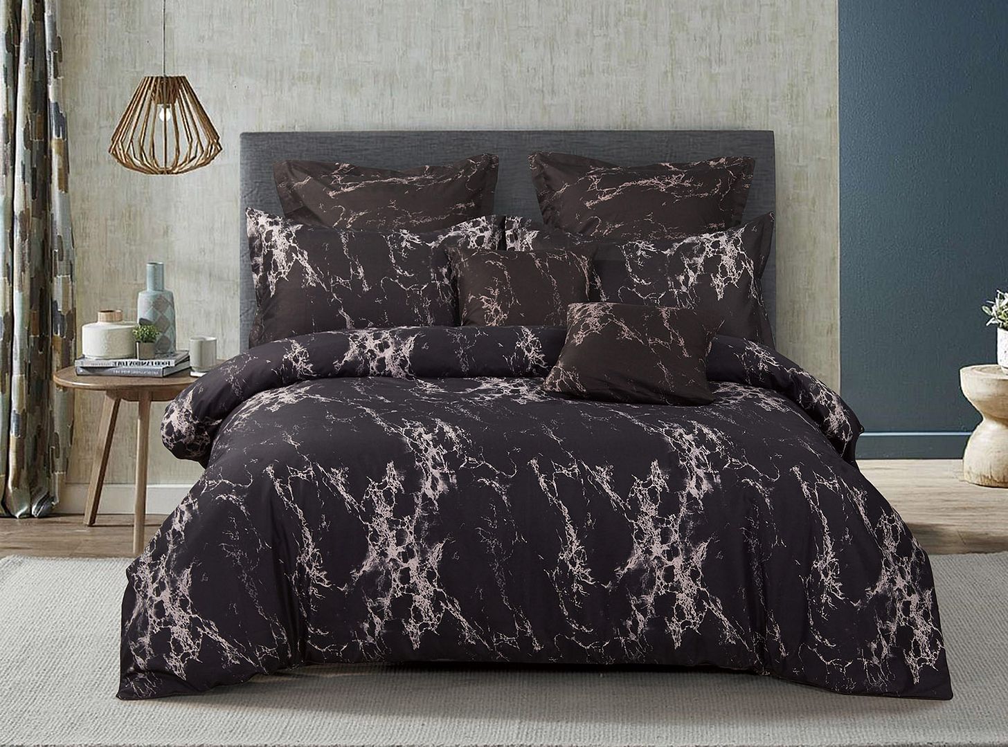 V493-MSK-403-87641-00 Black Marble Super King Size Duvet Quilt Cover Set - Image 1