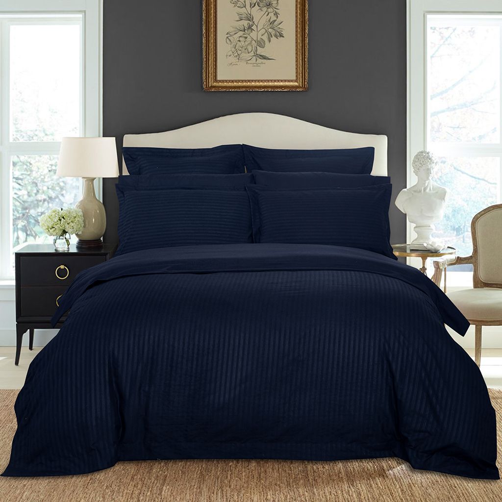 V493-NK-12-88261-00 1000TC Ultra Soft Striped King Size Midnight Blue Duvet Quilt Cover Set - Image 1