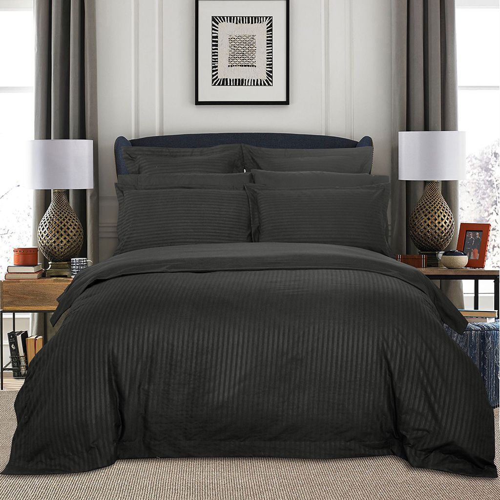 V493-NQ-11-88265-00 1000TC Ultra Soft Striped Queen Size Charcoal Duvet Quilt Cover Set - Image 1