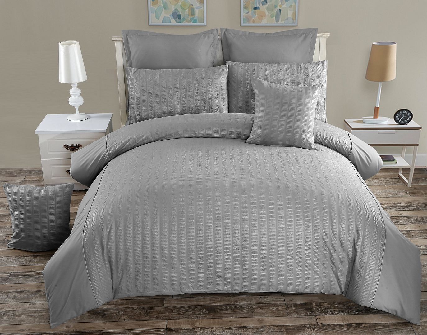 V493-PAK-06-88042-00 Seersucker King Size Grey Duvet Quilt Cover Set - Image 1
