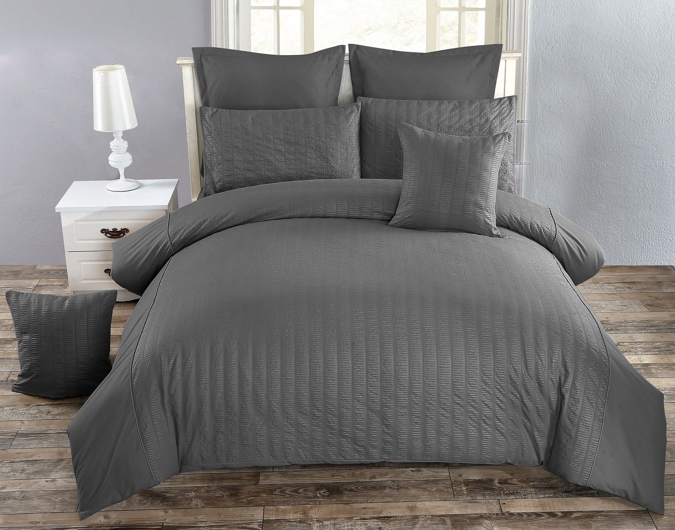 V493-PASK-11-88037-00 Seersucker Super King Size Charcoal Duvet Quilt Cover Set - Image 1