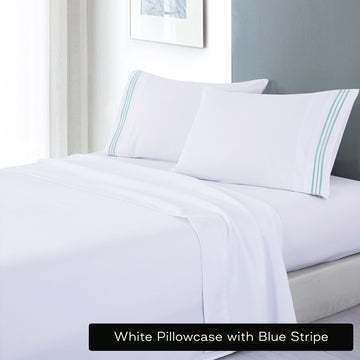 V517-EBMF1000-KS-WBL-94508-00 soft microfibre embroidered stripe sheet set kingle single white pillowcase blue stripe - Image 1