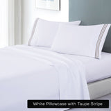 V517-EBMF1000-KS-WT-94510-00 soft microfibre embroidered stripe sheet set king single white sheet taupe stripe - Image 1