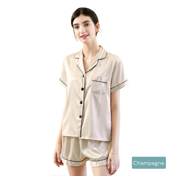 V517-PJSHORT-M-CHAM-94615-00 2pc satin short women pajamas set medium champagne - Image 1