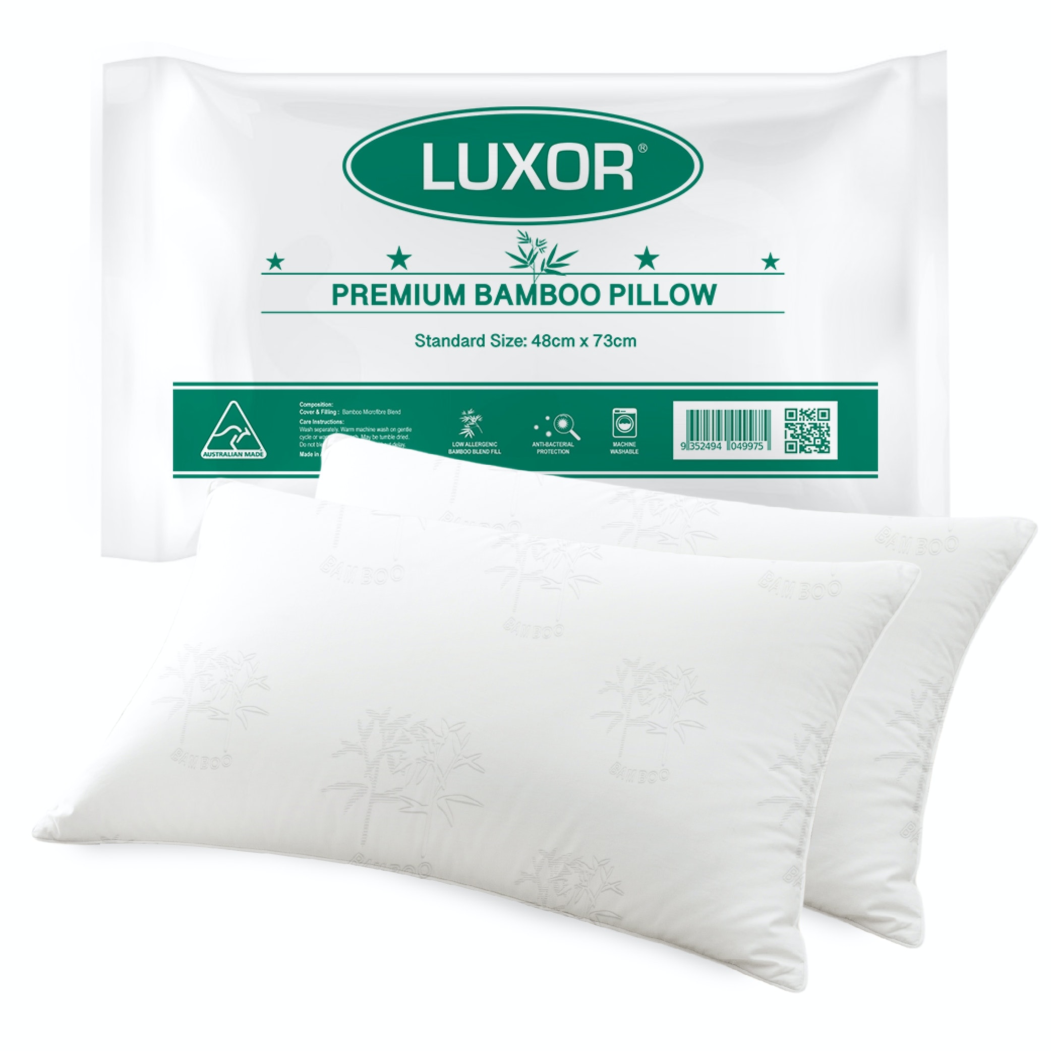 V535-BAMBOO-COOLING-PILLOW-X2-89997-00 Luxor Australian Made Bamboo Cooling Pillow Standard Size Twin Pack - Image 1