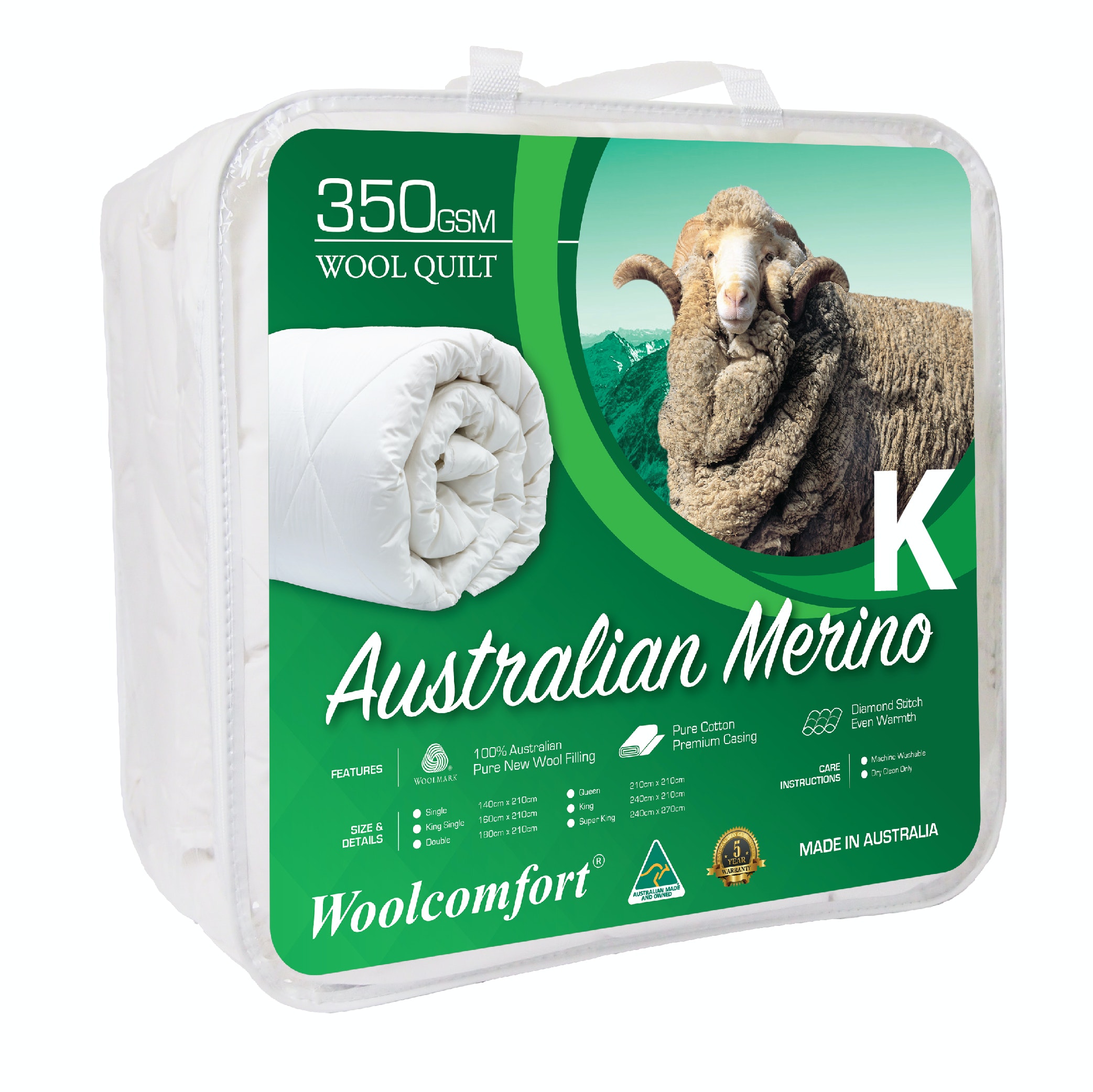 V535-JAPARA-WQ-350G-K-90034-00 Woolcomfort Aus Made Merino Wool Quilt 350GSM 240x210cm King Size - Image 1