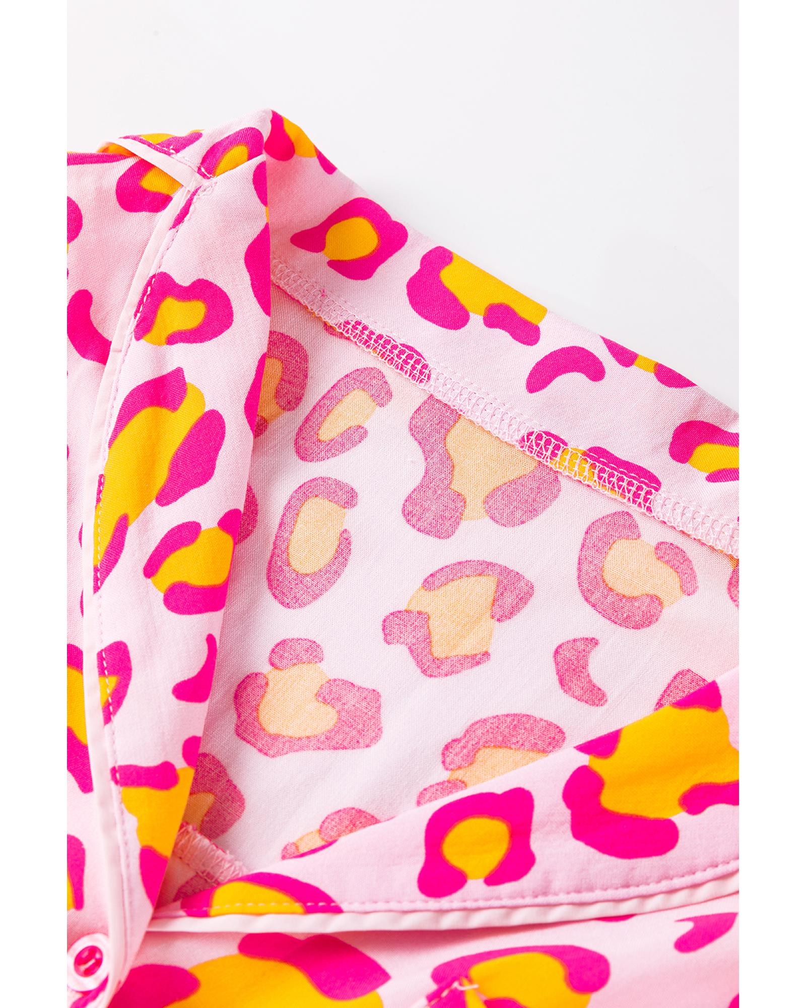 V539-AZEXDC151110-P1020-L-202508271945-00 Pink Leopard Print Long Sleeve Shirt and Shorts Pajama Set - L - Image 1