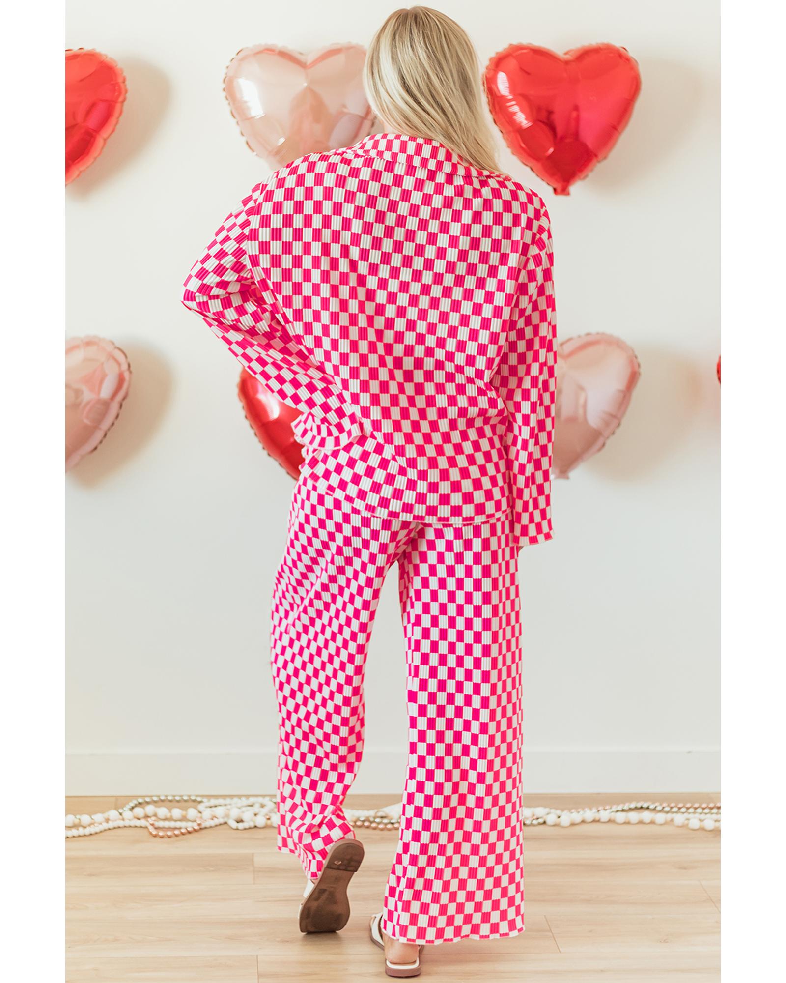 V539-AZEXDC151111-P1020-L-202508270815-00 Pink Checkered Buttoned Shirt and High Waist Pants Pajama Set - L - Image 1