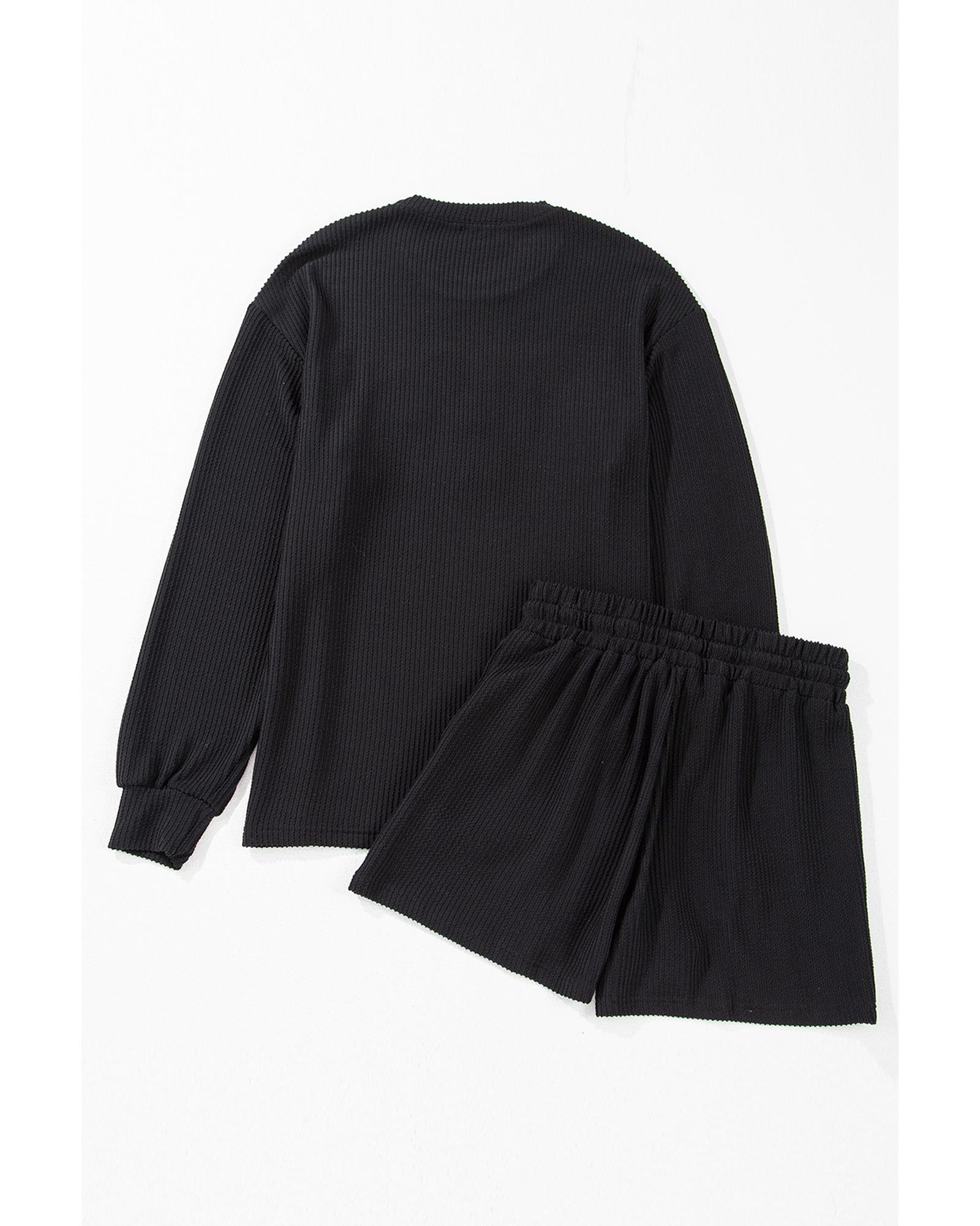 V539-AZEXDC151125-P2-XL-202508272100-00 Black Corded MERRY Graphic Long Sleeve Top and Shorts Set - XL - Image 1