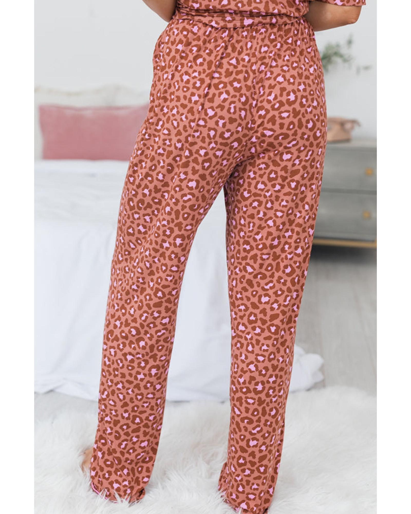 V539-AZEXDC151247-P1720-XL-202508270330-00 Brown Leopard Print Short Sleeve Shirt and Pants Pajamas Set - XL - Image 1