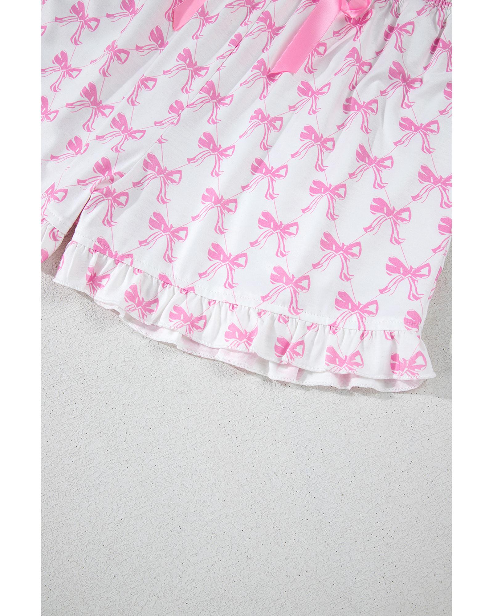 V539-AZEXDC151291-P1020-L-202506112027-00 Pink Bowknot Printed Short Sleeve and Ruffled Shorts Valentines Pajama Set - L - Image 1