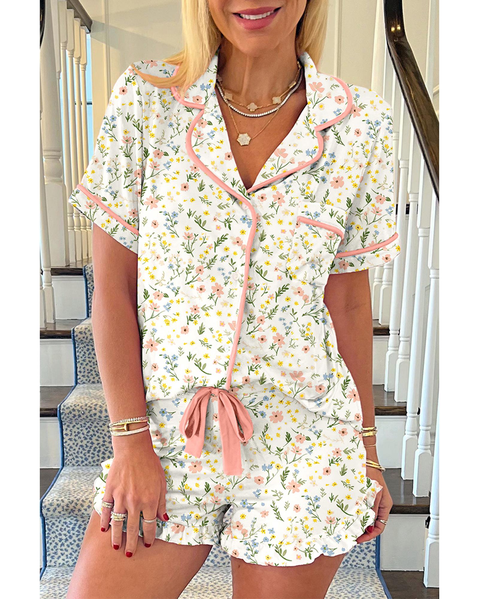 V539-AZEXDC151494-P120-L-202508270545-00 White Floral Print Contrast Pipping Short Pajamas Set - L - Image 1