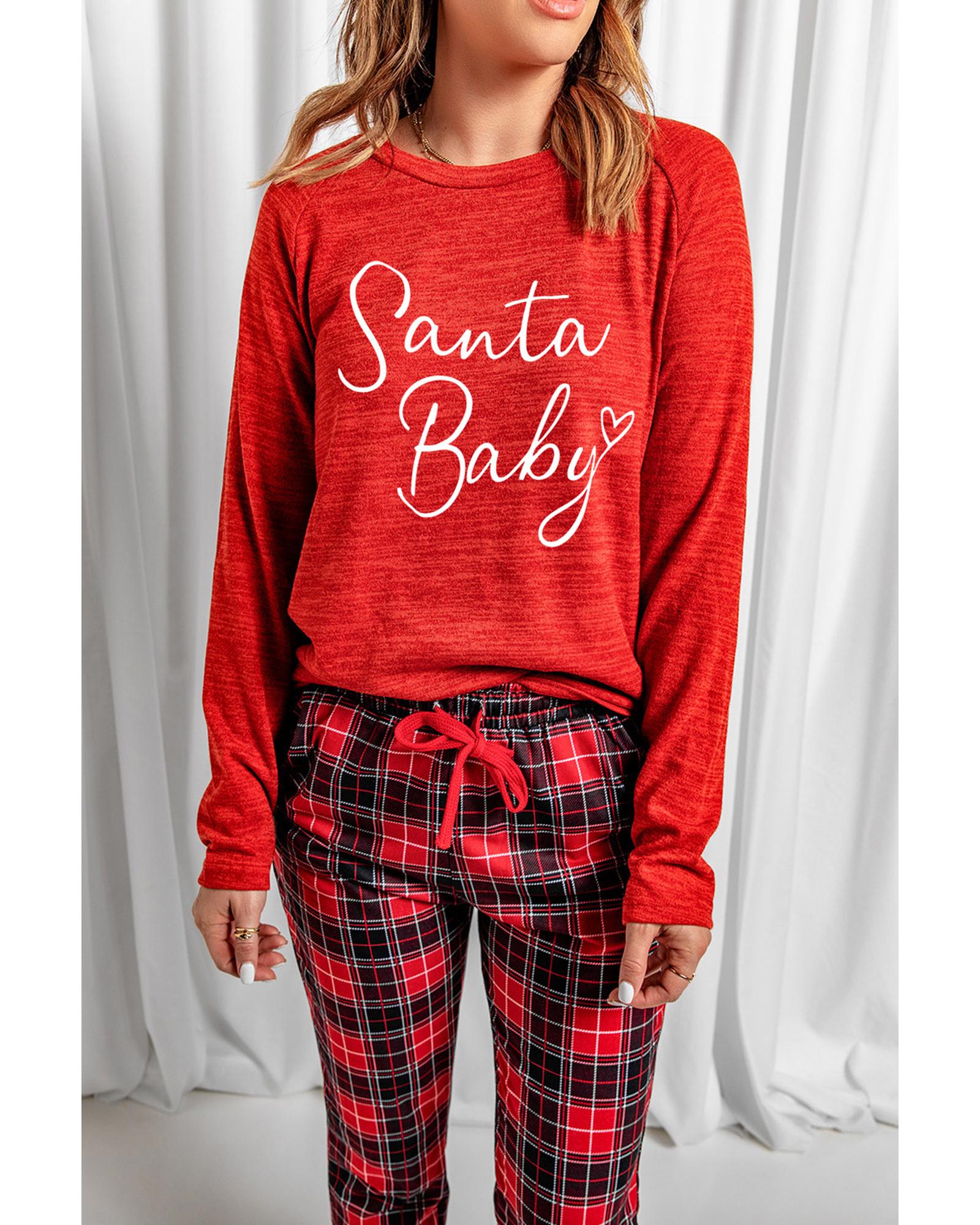 V539-AZEXDC15352-3-S-202506120011-00 Red Santa Baby Plaid Print Two Piece Pajama Set - S - Image 1