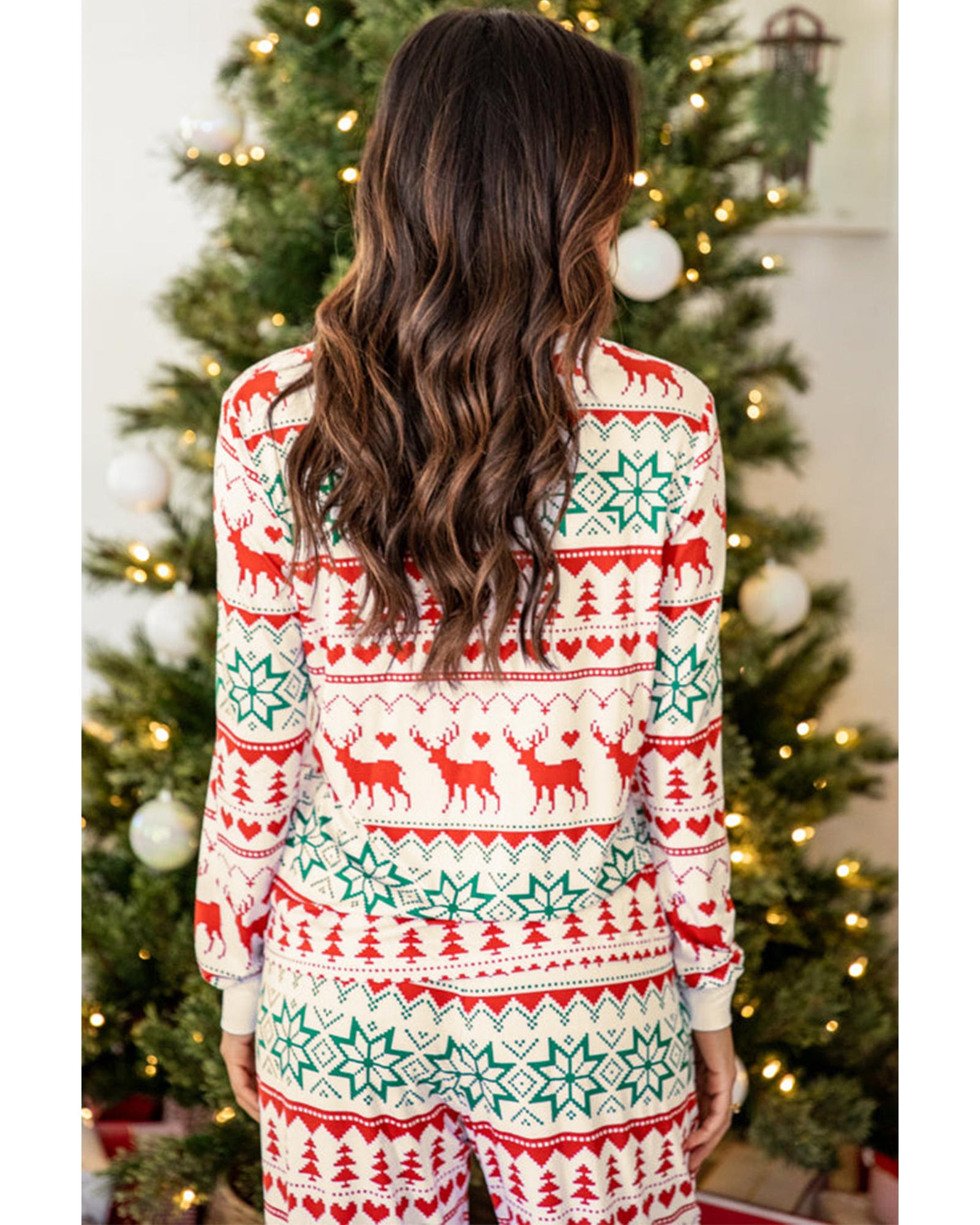 V539-AZEXDC15692-P1-M-202506120116-00 Bright White Christmas Print Pullover and Pants Lounge Set - M - Image 1