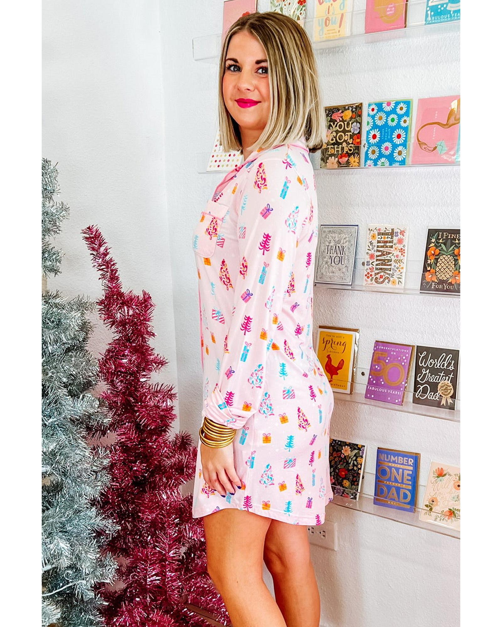 V539-AZEXDC16046-P1020-M-202508272040-00 Pink Christmas Twinkle Tree Print Shirt Sleep Dress - M - Image 1