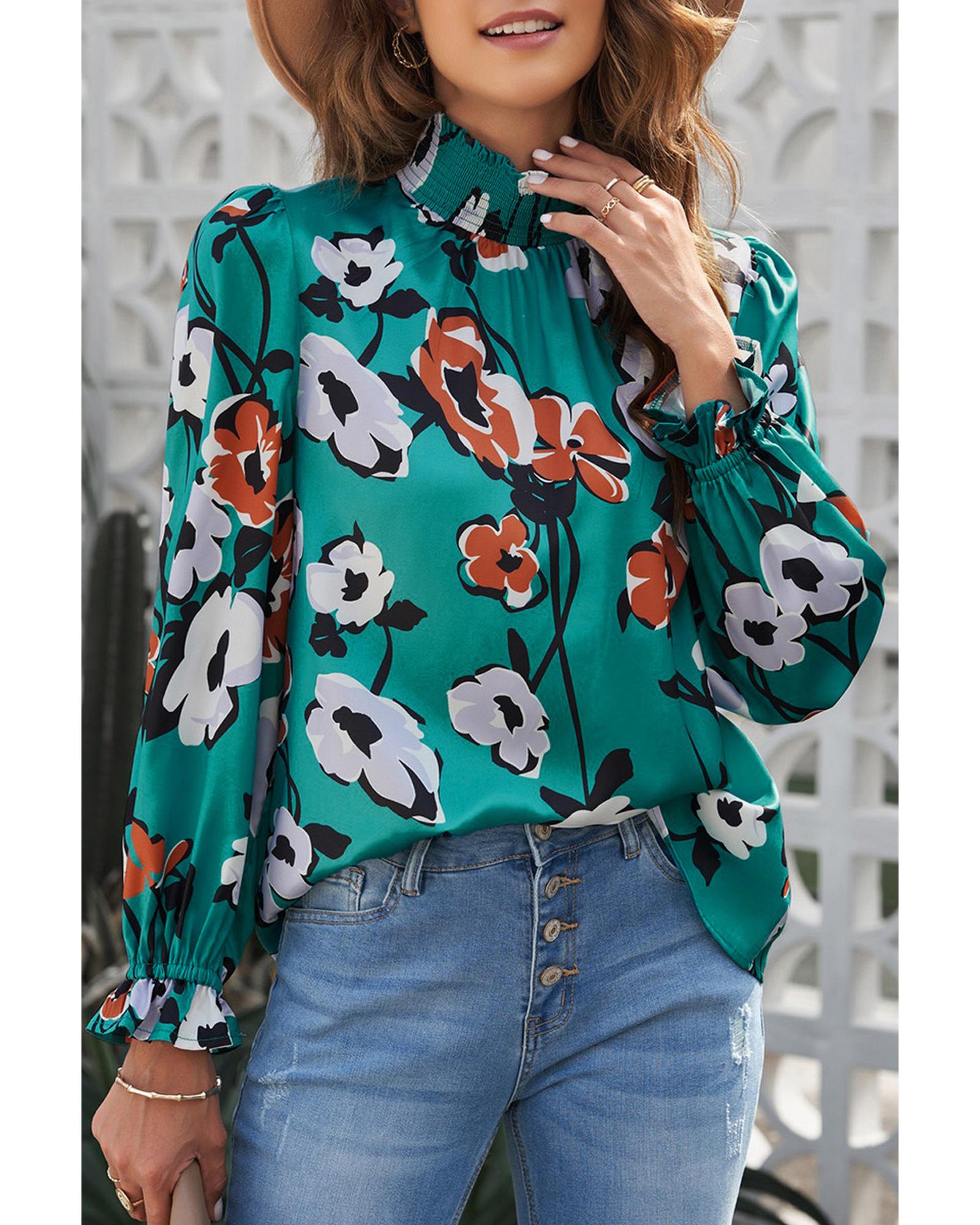 V539-AZEXDC25112797-9-S-162624-00 Azura Exchange Printed Smocked Mock Neck Blouse - S - Image 1