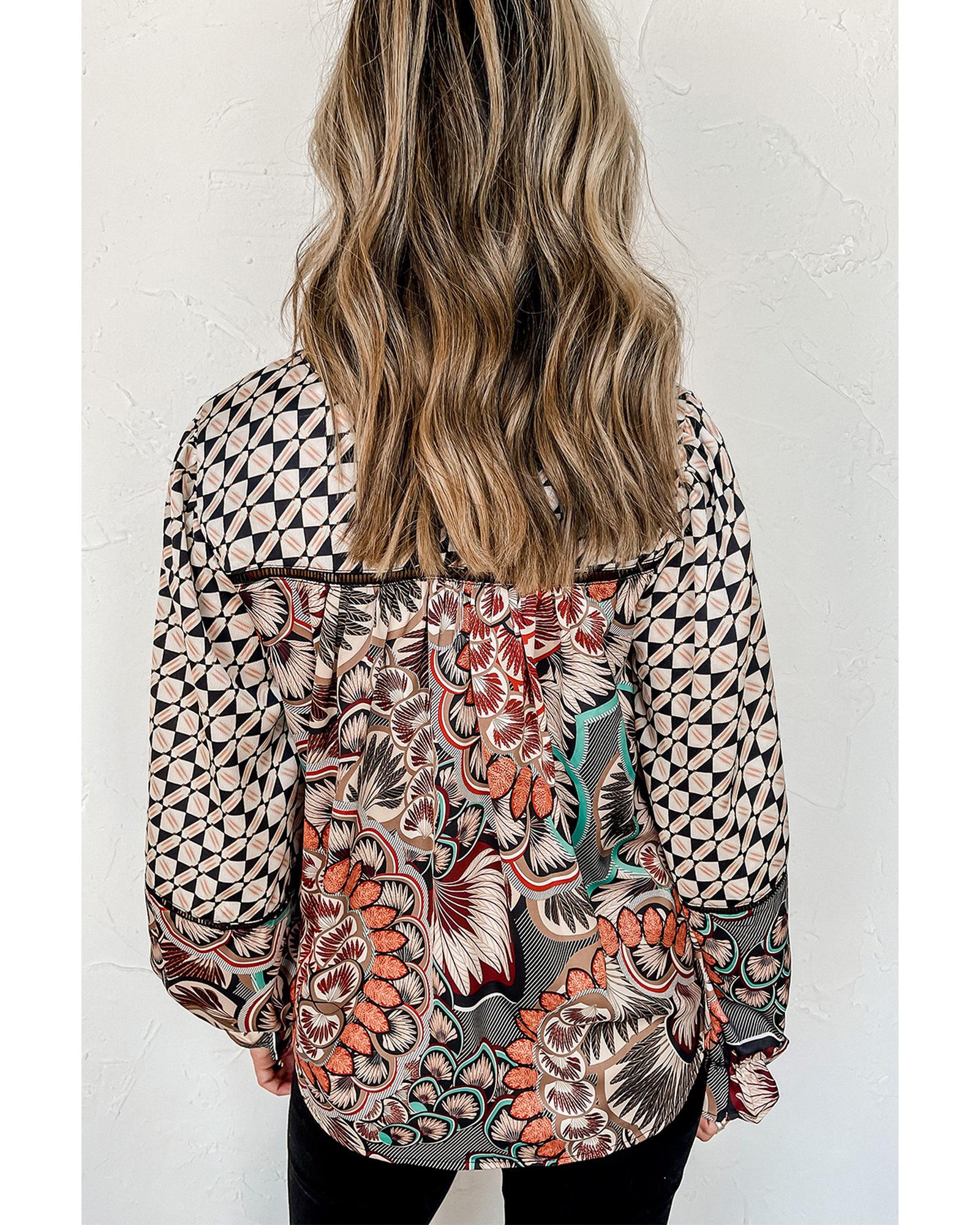 V539-AZEXDC25117705-2-M-202508290700-00 Azura Exchange Mixed Floral Geometric Print Ruffled Blouse - M - Image 1