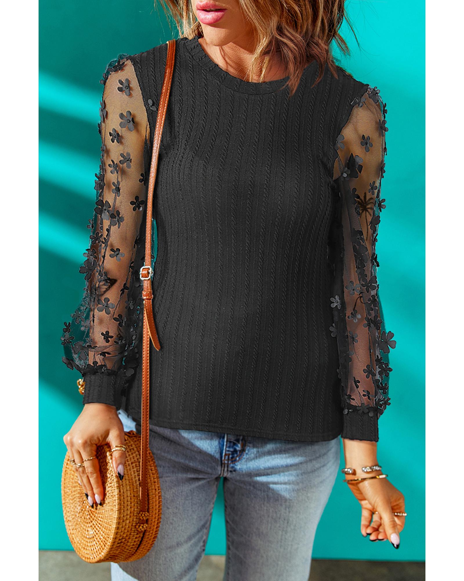 V539-AZEXDC25119092-2-S-202508290625-00 Azura Exchange Textured Knit Blouse with Floral Applique Mesh Sleeves - S - Image 1