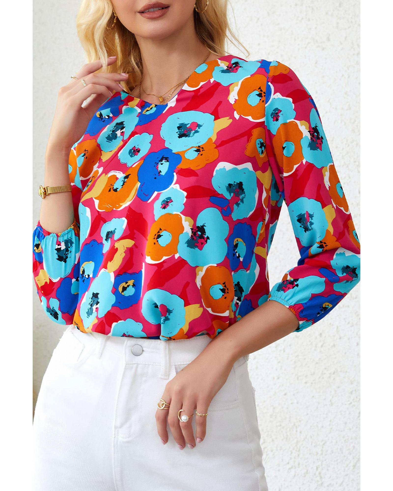 V539-AZEXDC25119409-6-M-202508260330-00 Azura Exchange V Neck 3/4 Sleeve Floral Print Blouse - M - Image 1