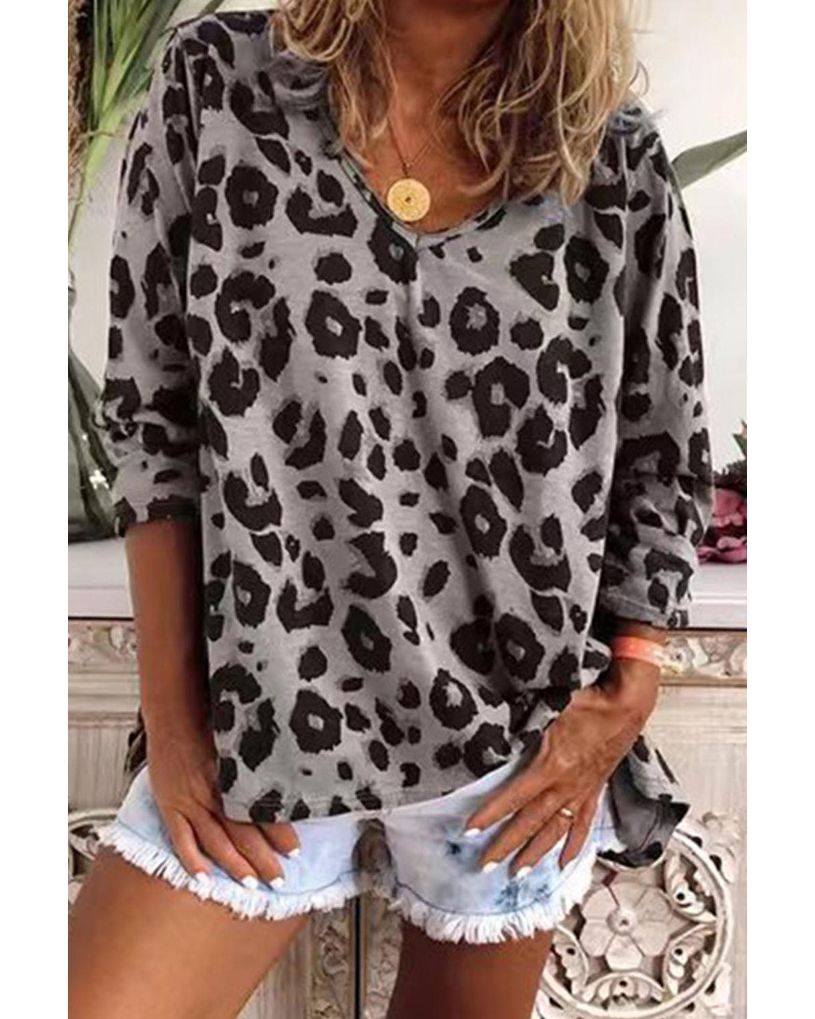 V539-AZEXDC25121724-11-S-202508312040-00 Azura Exchange Leopard Print V Neck Long Sleeve Top - S - Image 1