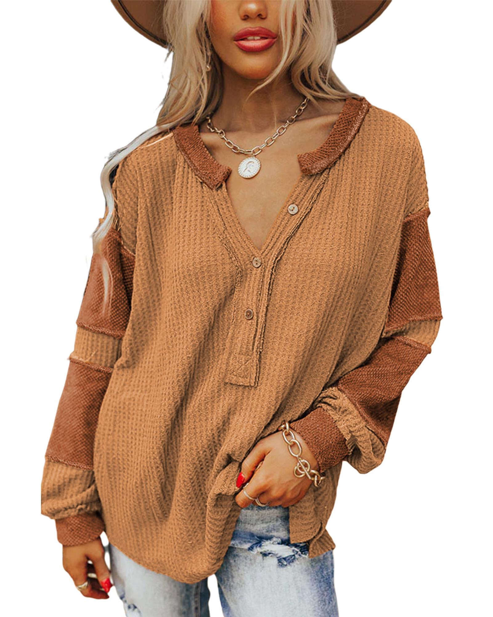 V539-AZEXDC25122090-14-XL-202508291150-00 Azura Exchange Contrast Patched Waffle Knit Henley Top - XL - Image 1
