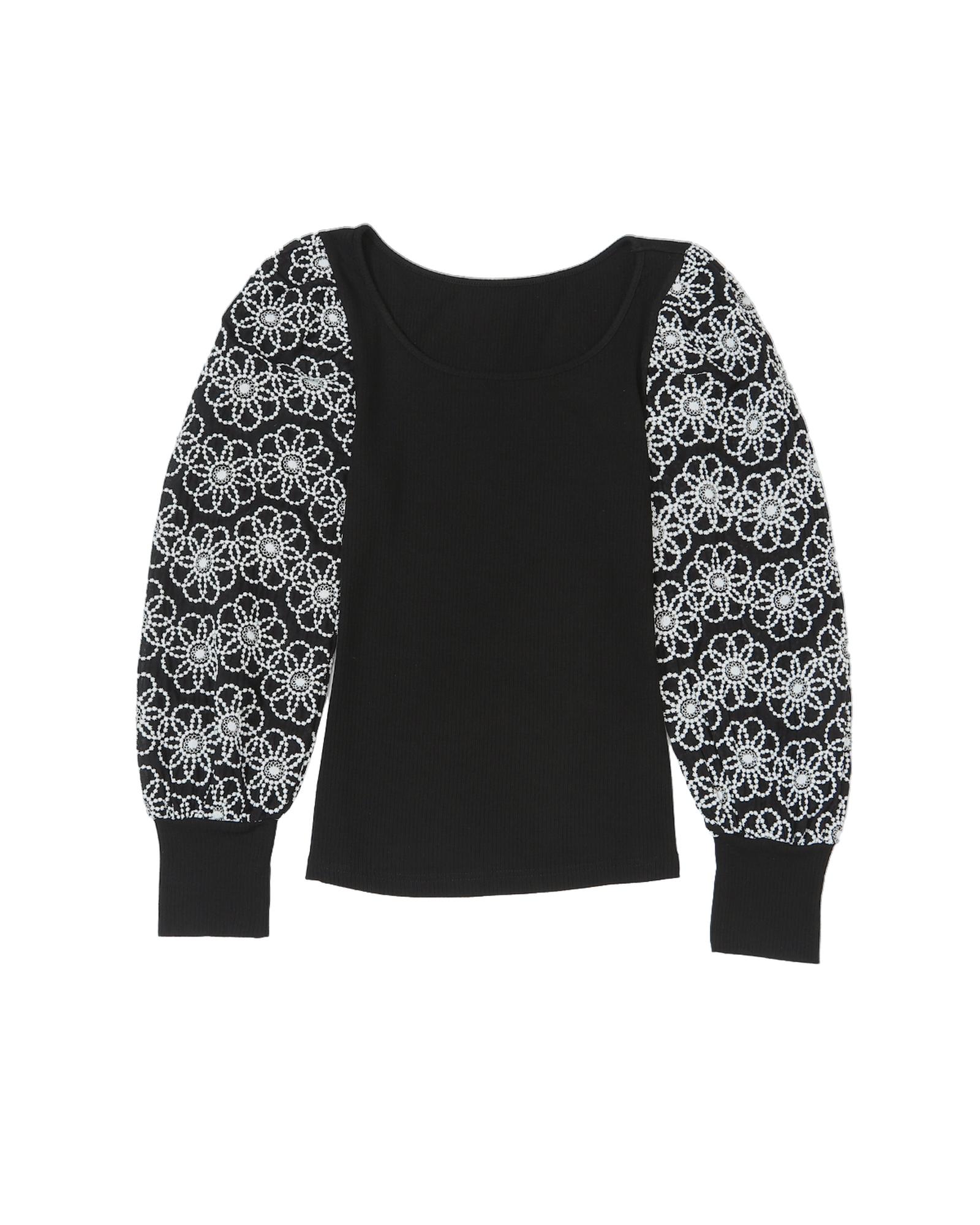 V539-AZEXDC25122096-2-M-202508271240-00 Black Flower Puff Sleeve Ribbed Knit Top - M - Image 1