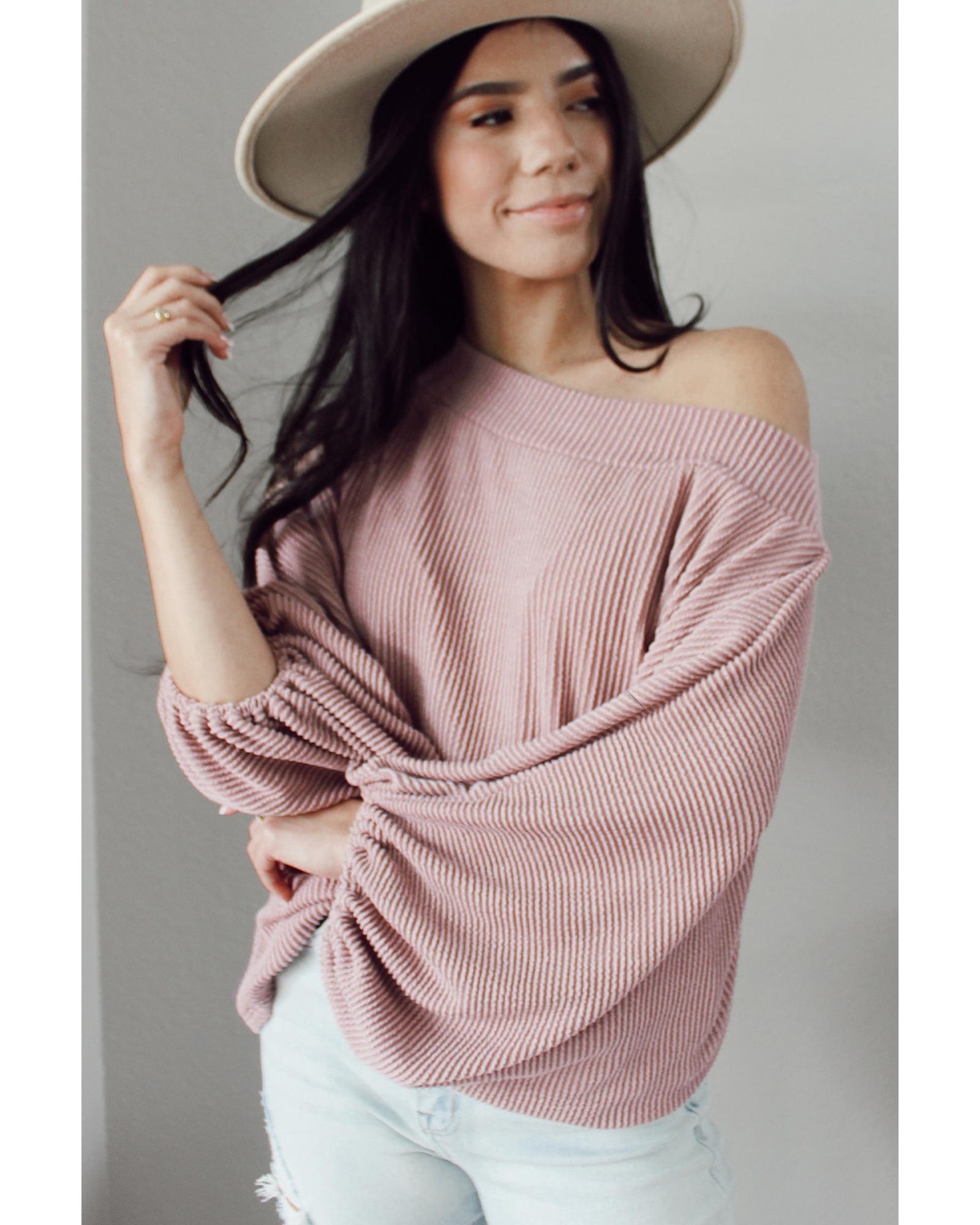 V539-AZEXDC25122676-10-S-202508270540-00 Pink One-Shoulder Balloon Sleeve Ribbed Blouse - S - Image 1