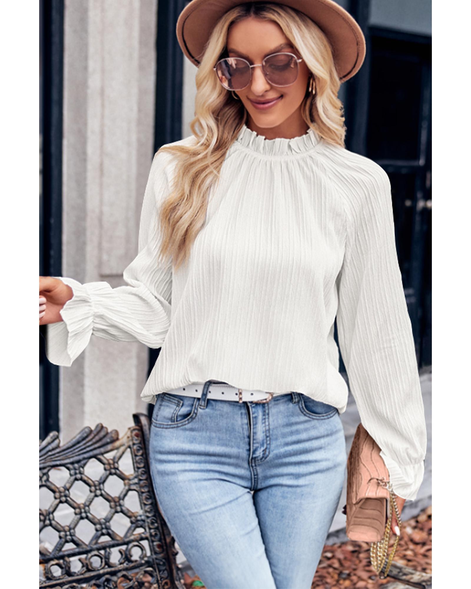 V539-AZEXDC25123206-1-L-202508291130-00 Azura Exchange Frilled Mock Neck Ripple Sleeve Blouse - L - Image 1