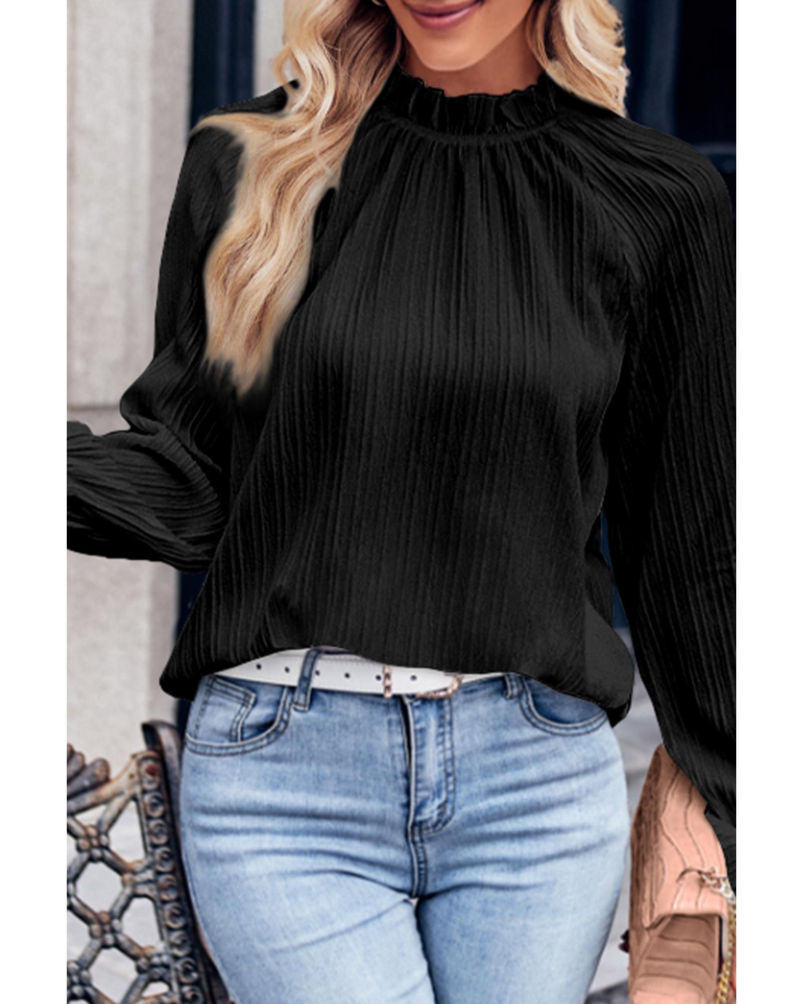 V539-AZEXDC25123206-2-M-202508291200-00 Azura Exchange Frilled Mock Neck Ripple Bubble Sleeve Blouse - M - Image 1