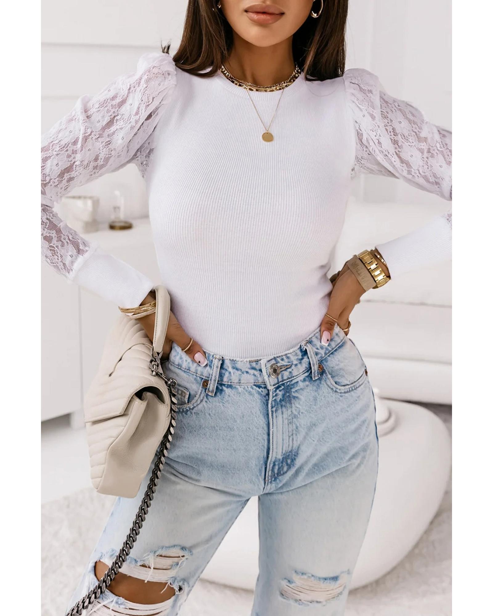 V539-AZEXDC25123273-1-L-202506112326-00 White Lace Splicing Sleeve Ribbed Slim Top - L - Image 1