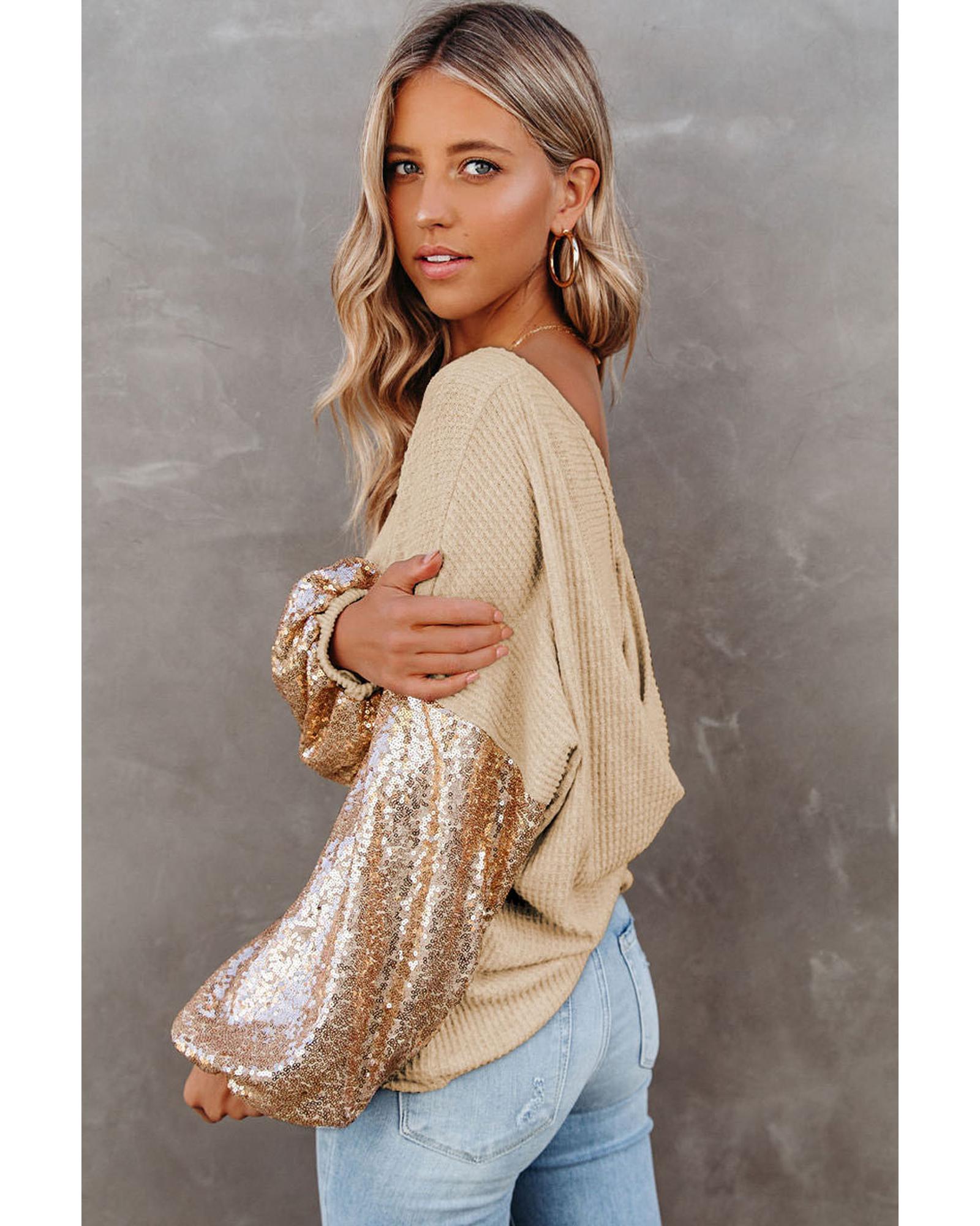 V539-AZEXDC25123326-18-XL-202508290555-00 Azura Exchange Apricot Sequin Patchwork Sleeve Waffle Knit Top - XL - Image 1