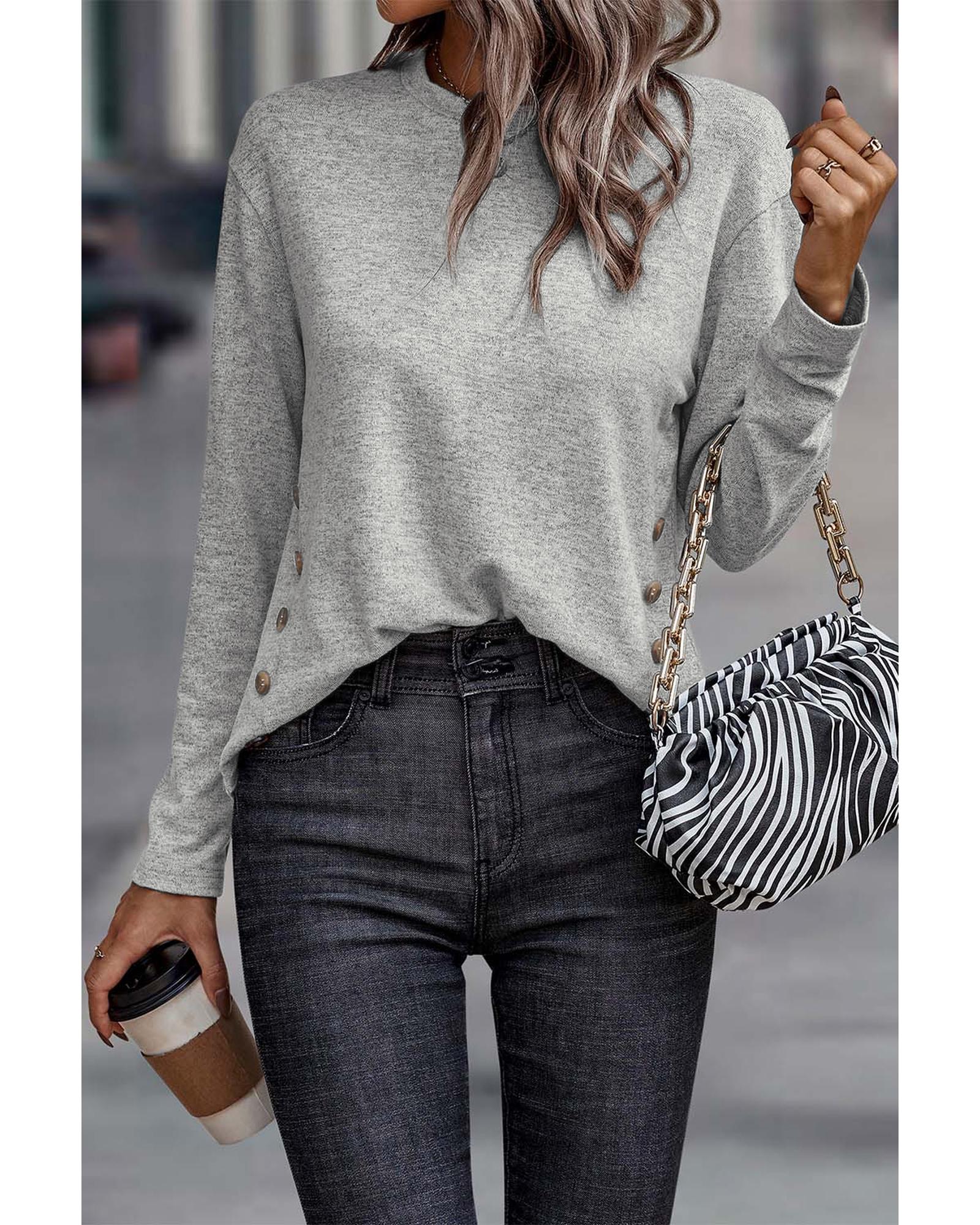 V539-AZEXDC25123515-11-M-202508271245-00 Gray Side Buttons Crew Neck Knit Top - M - Image 1