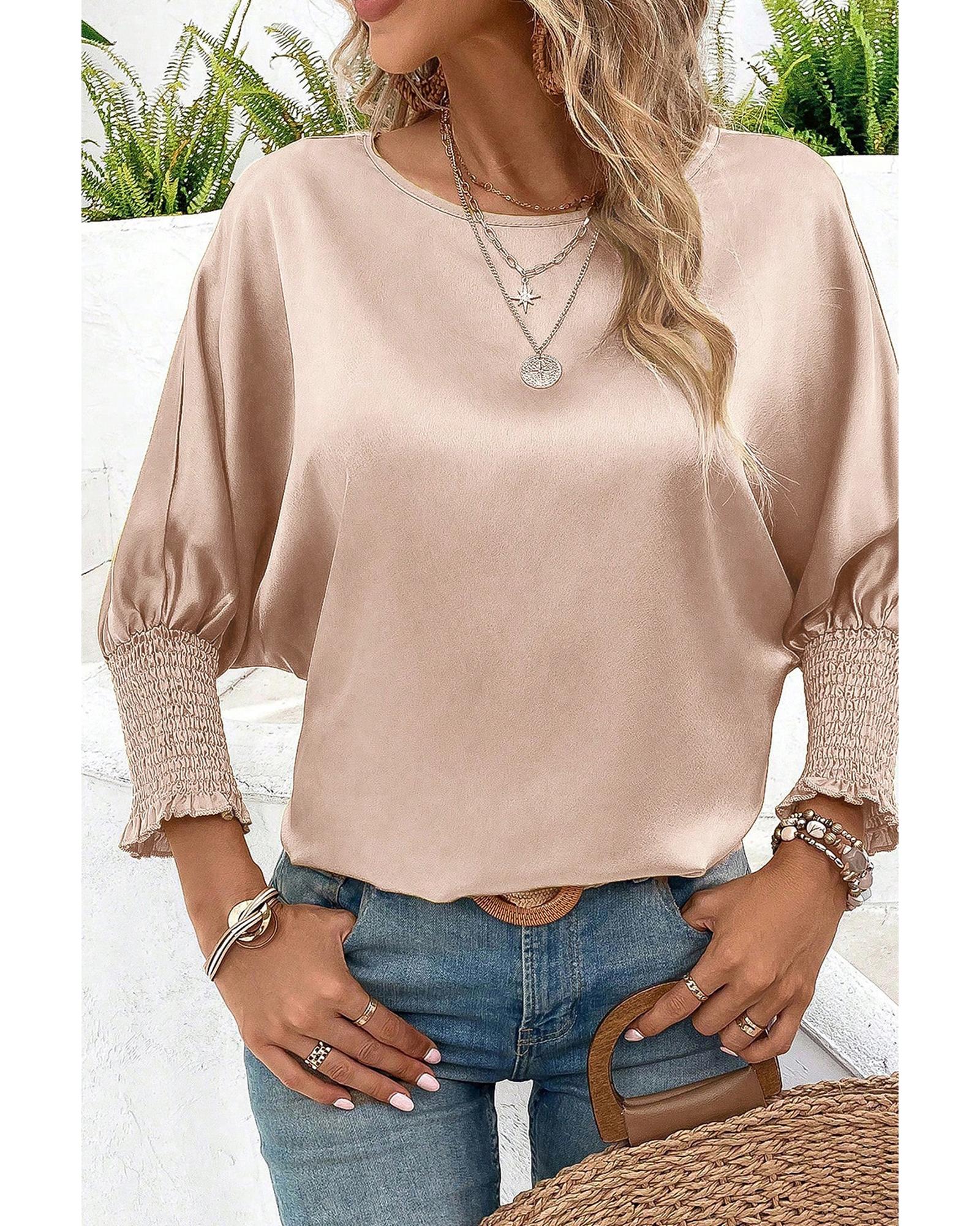 V539-AZEXDC25125503-P7016-L-202506112227-00 Smoke Gray Shirred Dolman Sleeve Satin Blouse - L - Image 1