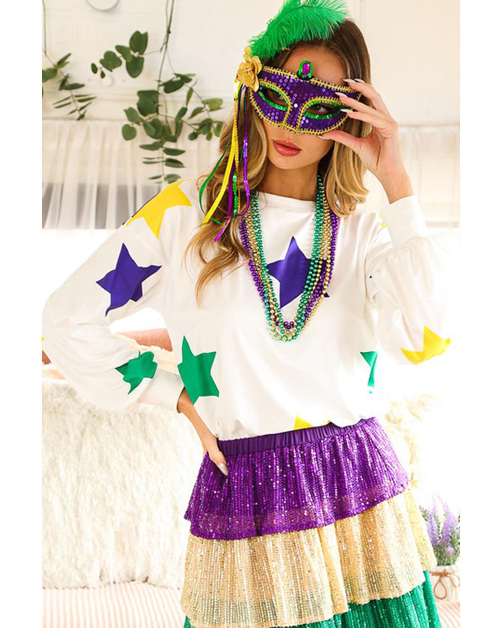V539-AZEXDC25125870-P1-S-202506112312-00 White Mardi Gras Star Printed Long Sleeve Top - S - Image 1