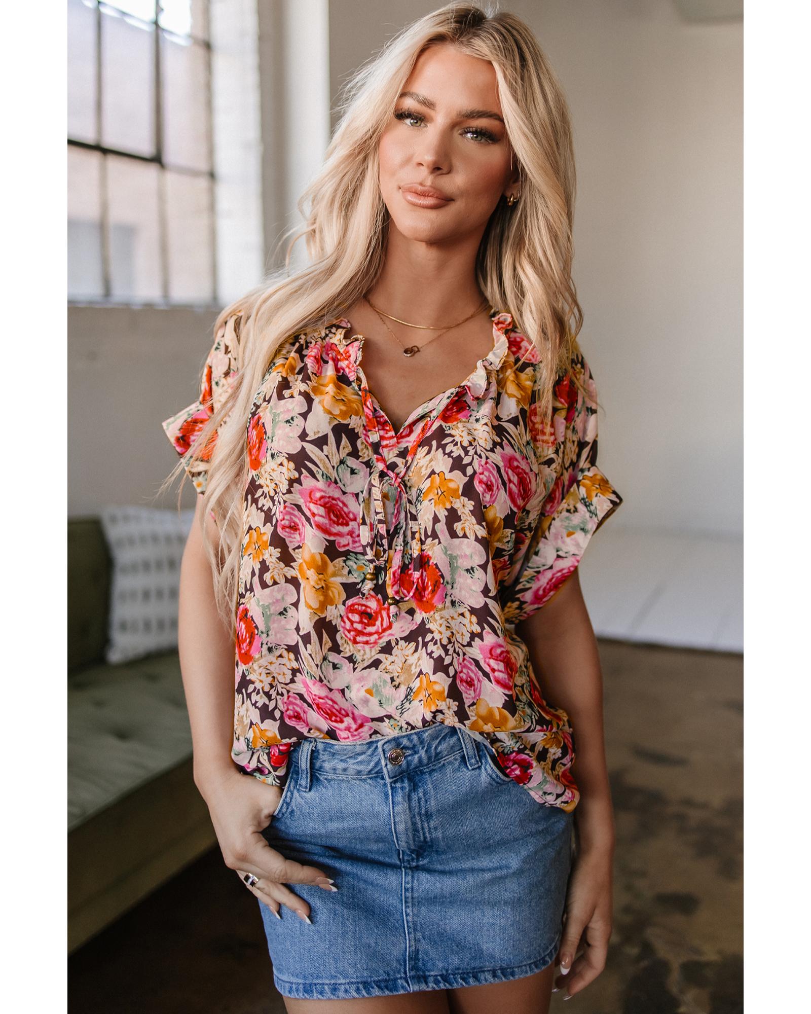 V539-AZEXDC25126026-P1020-S-202506120011-00 Pink Floral Print Crew Neck Short Sleeve Shift Blouse - S - Image 1