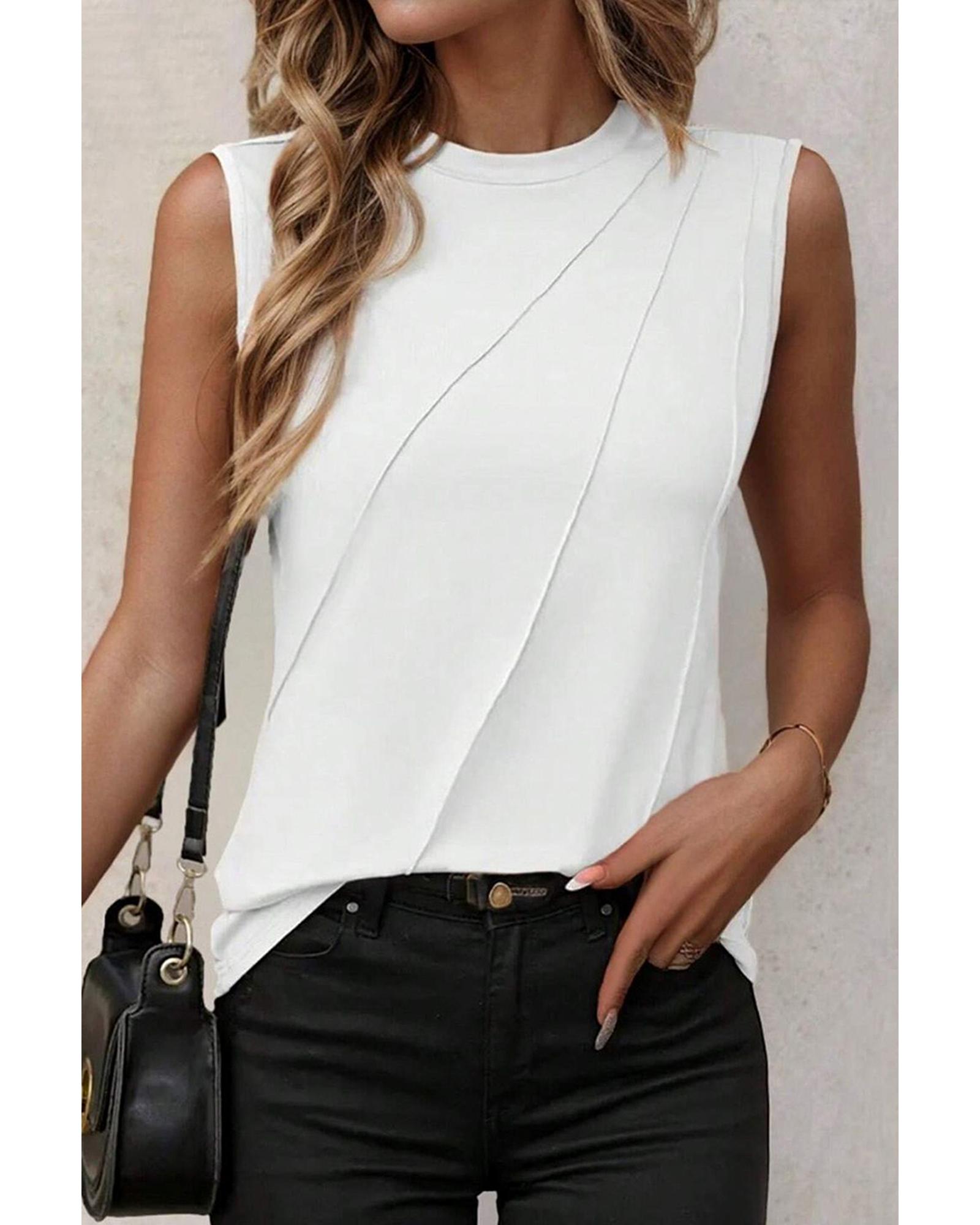V539-AZEXDC25127653-P1-L-202508271455-00 White Crew Neck Pleated Tank Top - L - Image 1