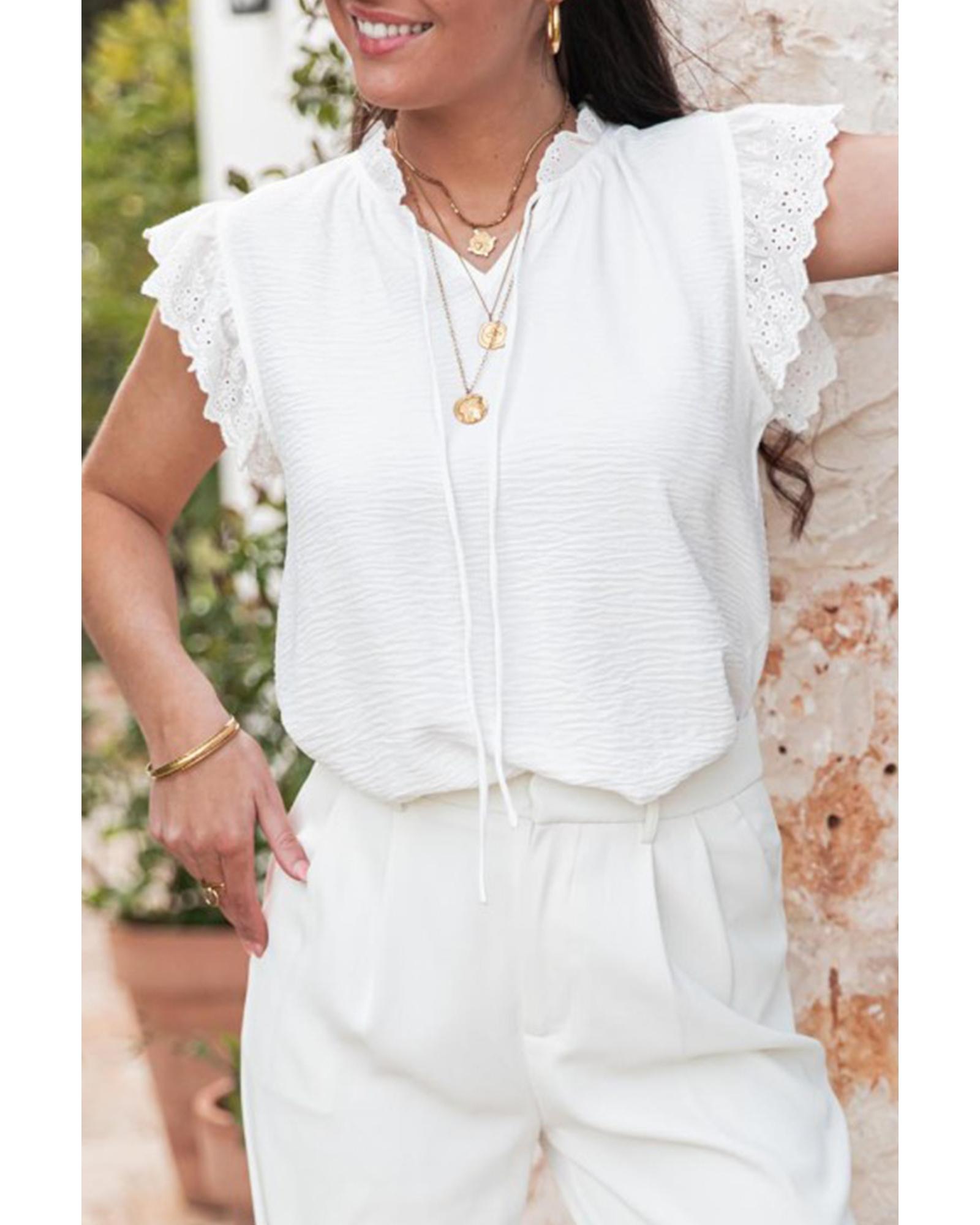 V539-AZEXDC25128164-P1-XL-202508272225-00 White Embroidered Ruffle Trim Textured Blouse - XL - Image 1