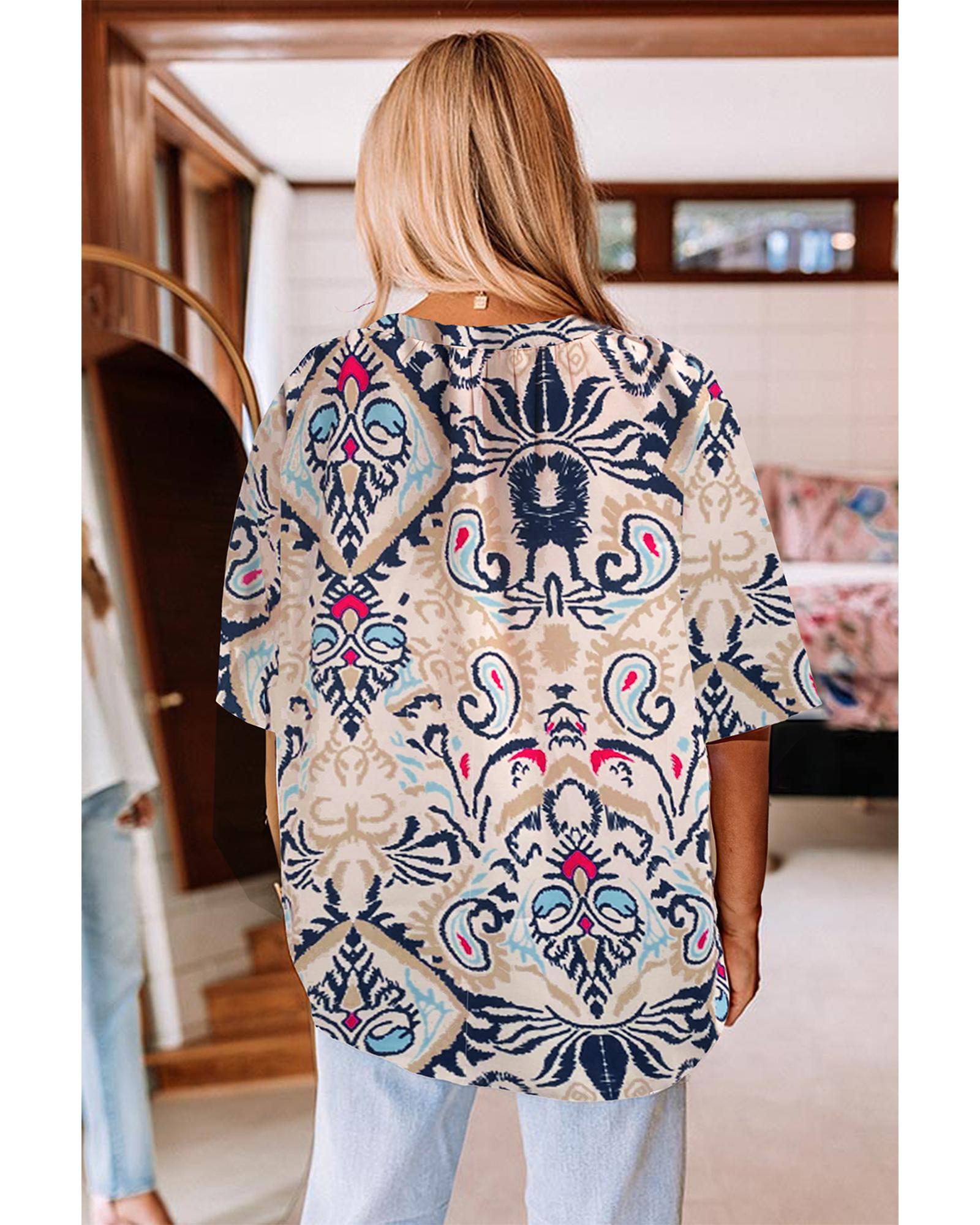 V539-AZEXDC25128177-P120-S-202506120652-00 White Abstract Printed Notched V Neck Split Half Sleeve Blouse - S - Image 1