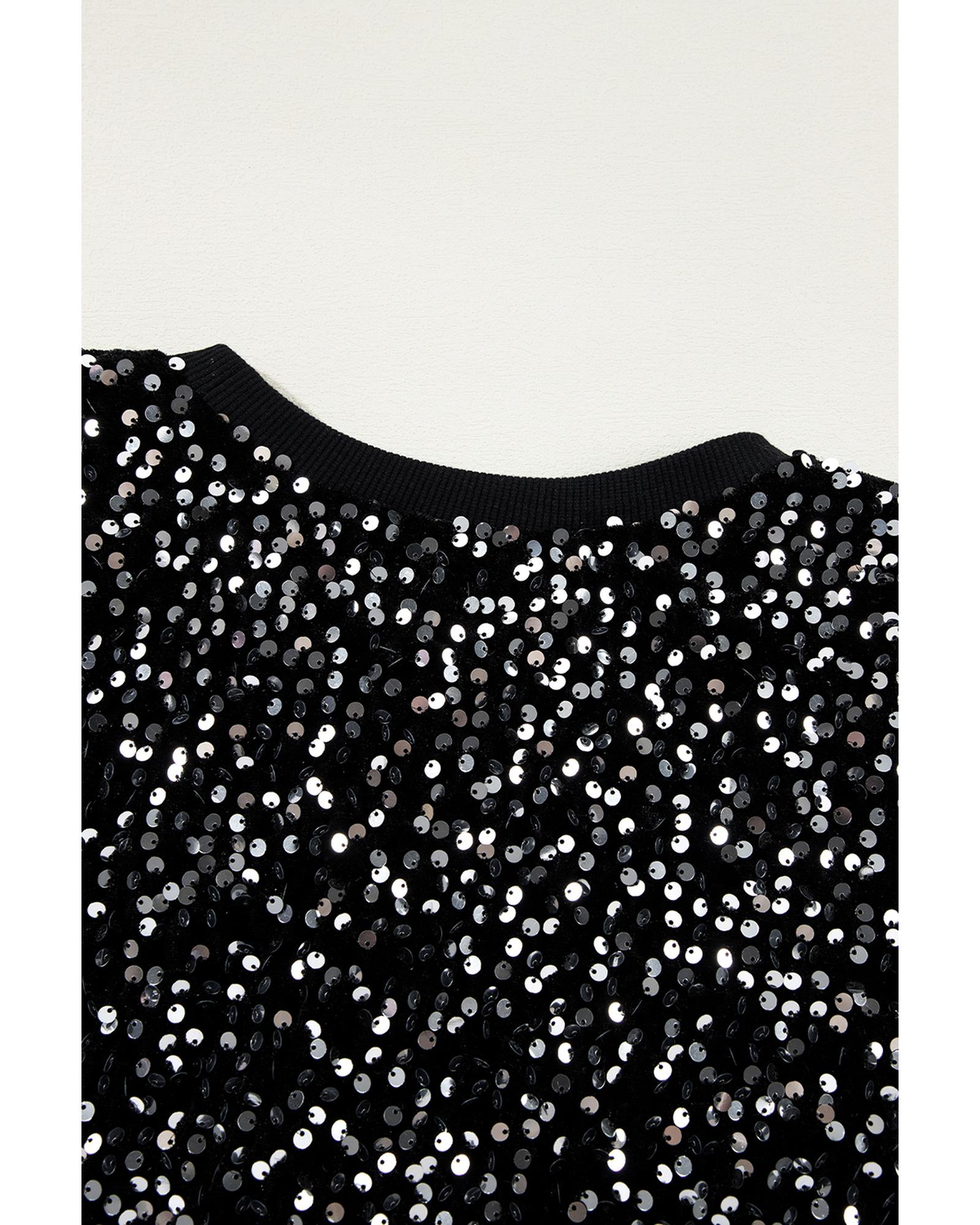 V539-AZEXDC25128657-P2-S-202506120421-00 Black Sequined Long Sleeve Crew Neck Cropped Blouse - S - Image 1