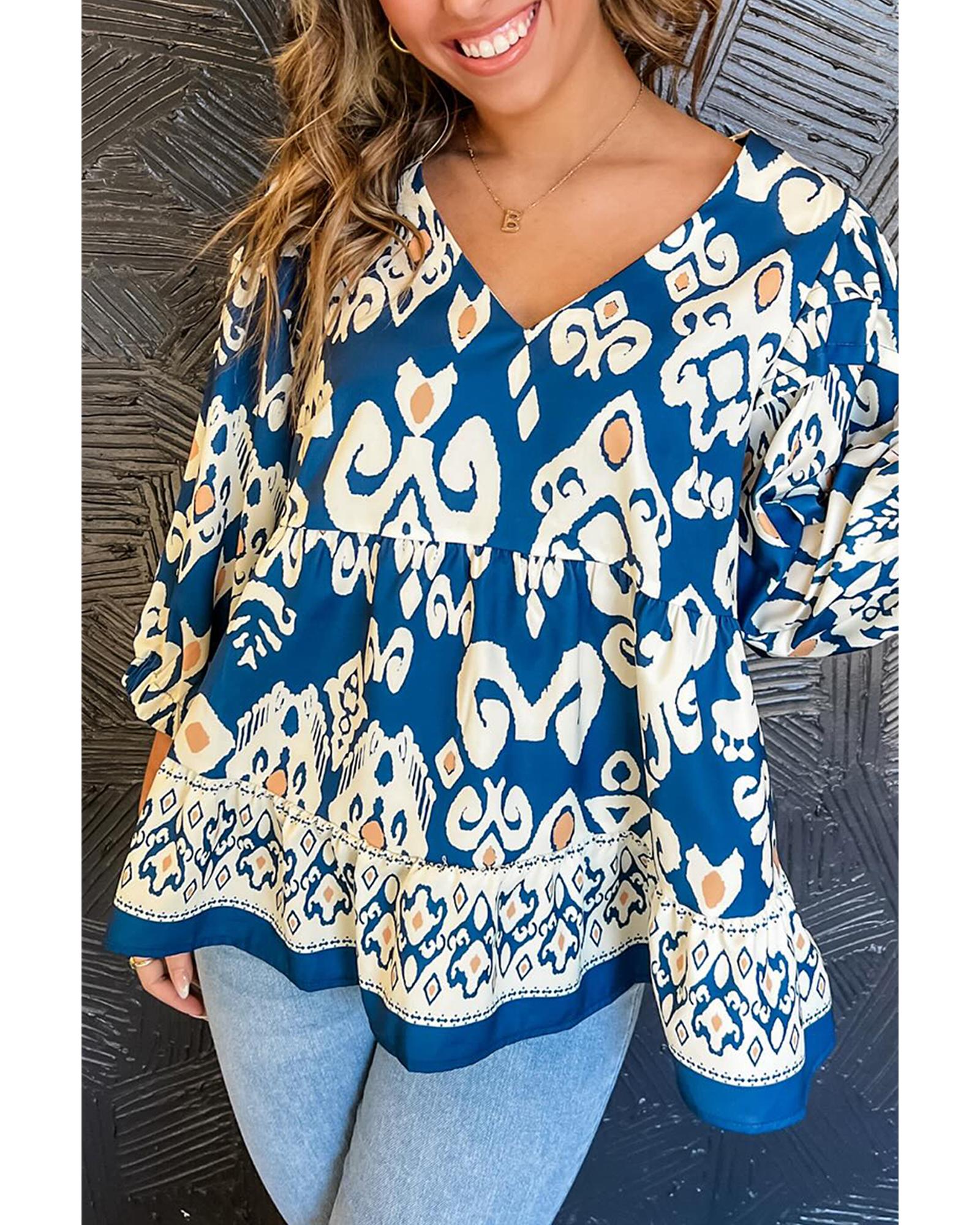 V539-AZEXDC25128787-P520-S-202506120641-00 Blue Tribal Geometric Print 3/4 Sleeve Flowy Fit Blouse - S - Image 1