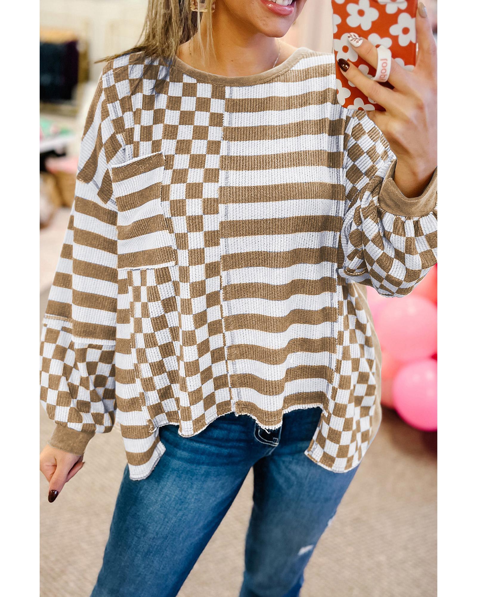 V539-AZEXDC25128906-P1622-S-202506120811-00 Khaki Checkerboard Striped Patchwork Lantern Sleeve Pocketed Blouse - S - Image 1
