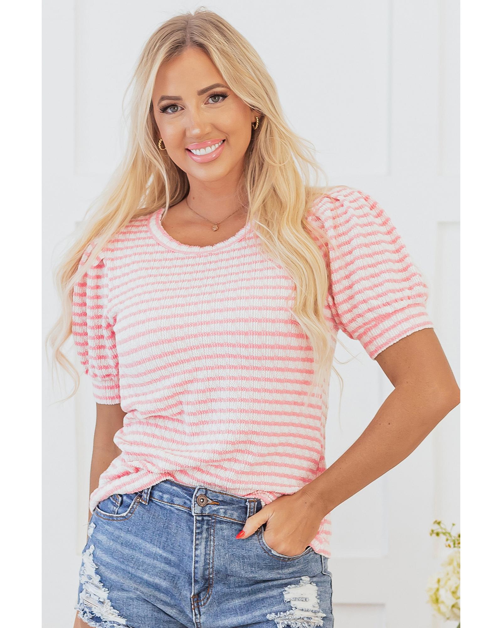 V539-AZEXDC25129057-P1019-XL-202508271425-00 Pink Stripe Textured Puff Sleeve Crewneck Top - XL - Image 1