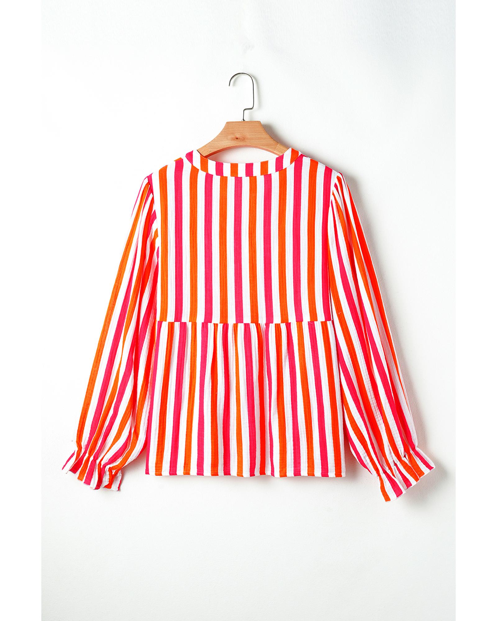 V539-AZEXDC25129203-P1419-L-202508270620-00 Orange Stripe Balloon Sleeve Notched V Neck Buttoned Front Blouse - L - Image 1