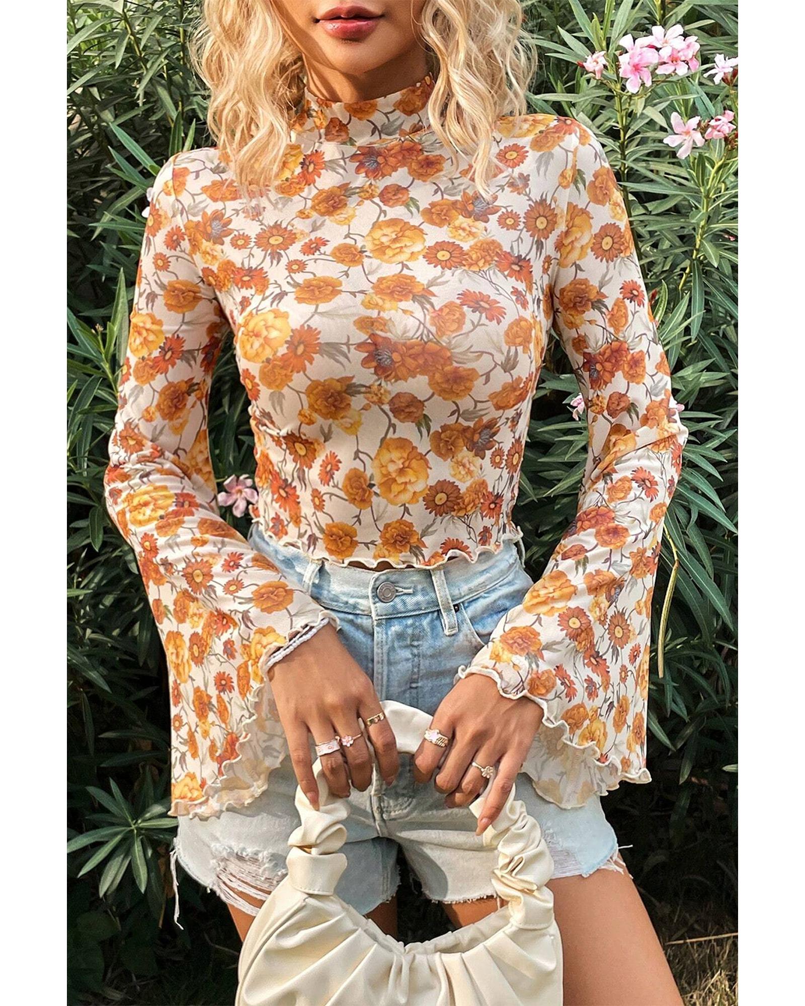 V539-AZEXDC25129230-P1420-M-202508271220-00 Orange Floral Printed Bell Sleeve Mock Neck Scallop Trim Blouse - M - Image 1