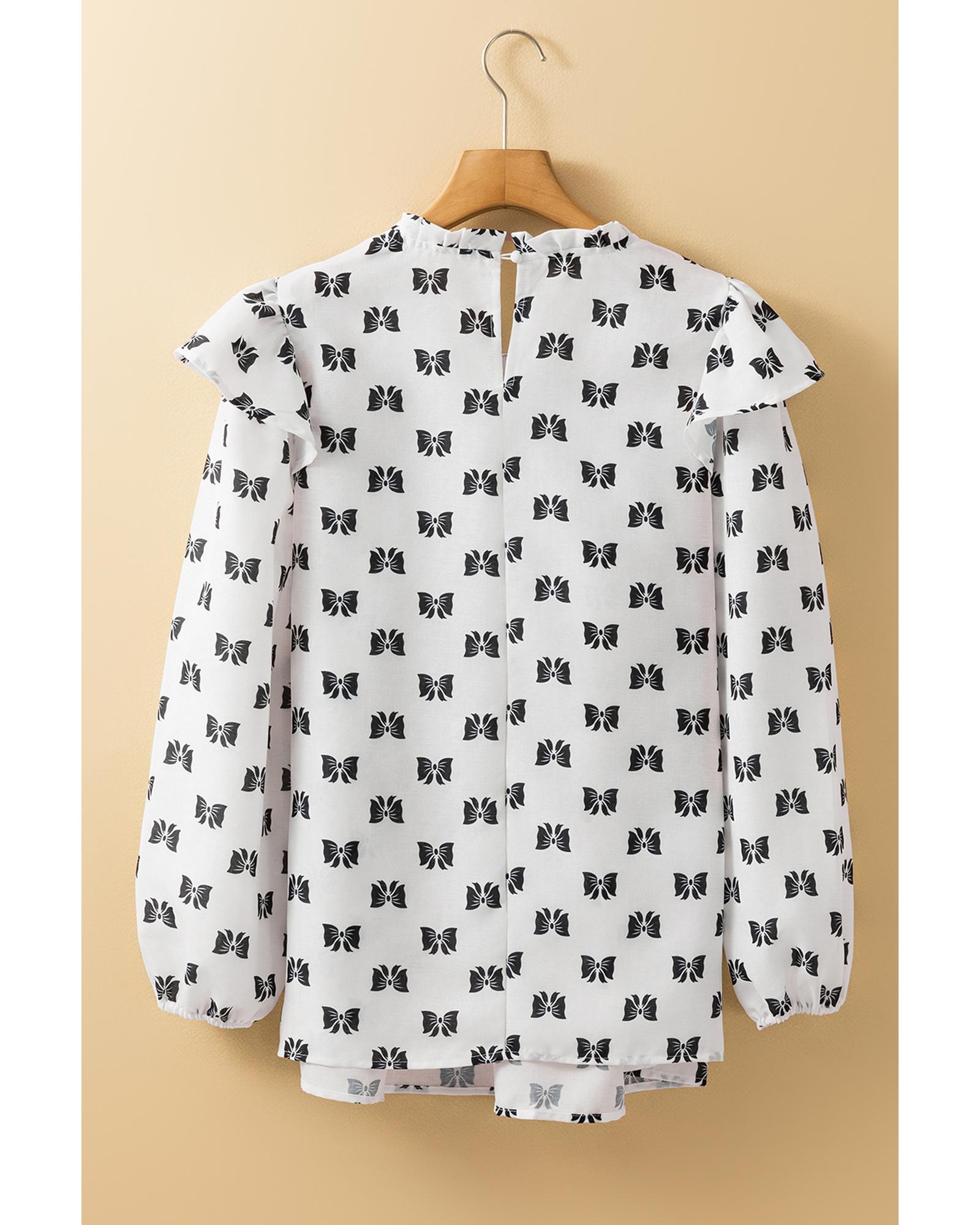 V539-AZEXDC25129290-P120-M-202508270510-00 White Bow Knot Print Piping Trim Ruffled Crew Neck Blouse - M - Image 1