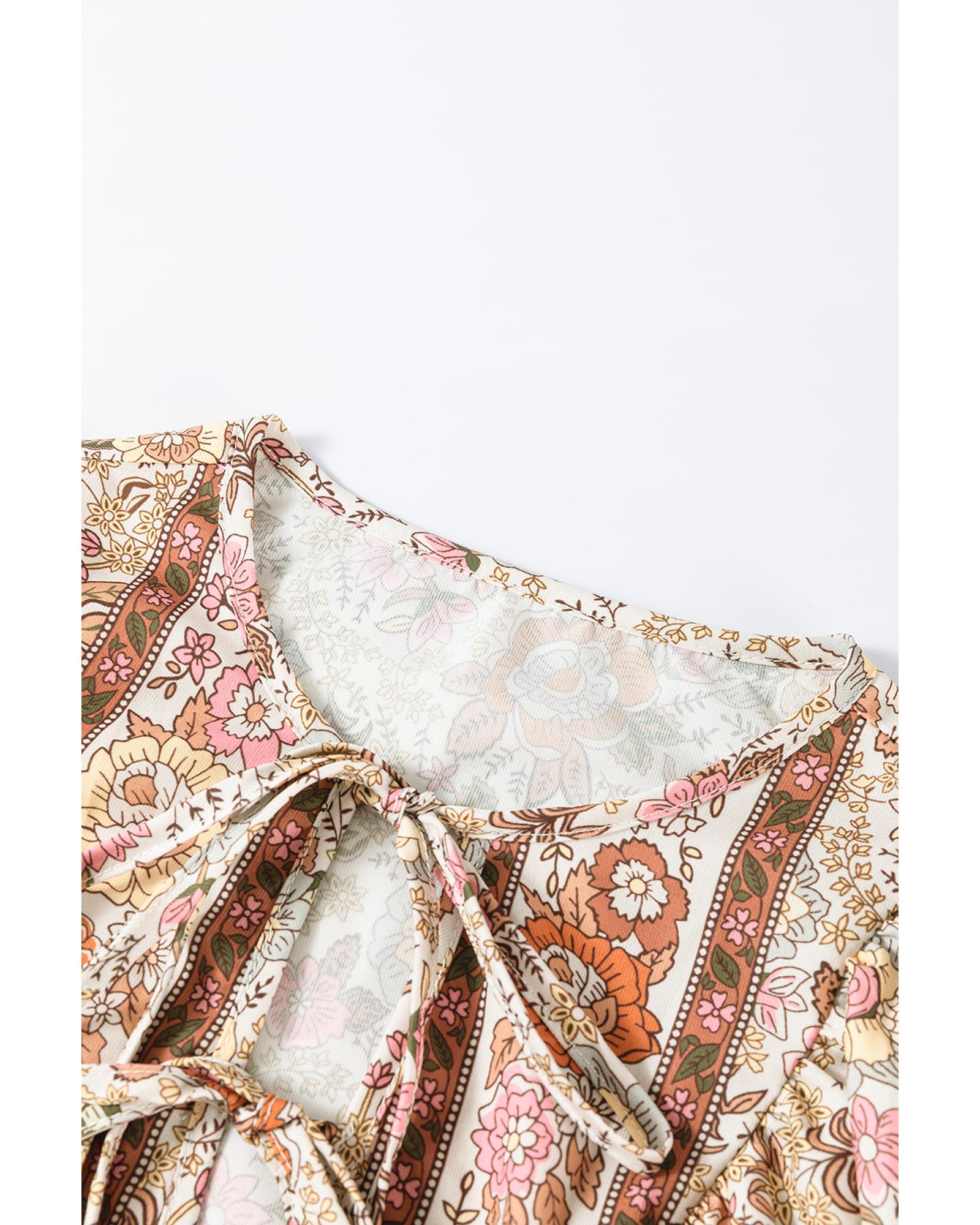 V539-AZEXDC25129400-P720-S-202506120305-00 Yellow Floral Print Tie Neck Lantern Sleeve Blouse - S - Image 1