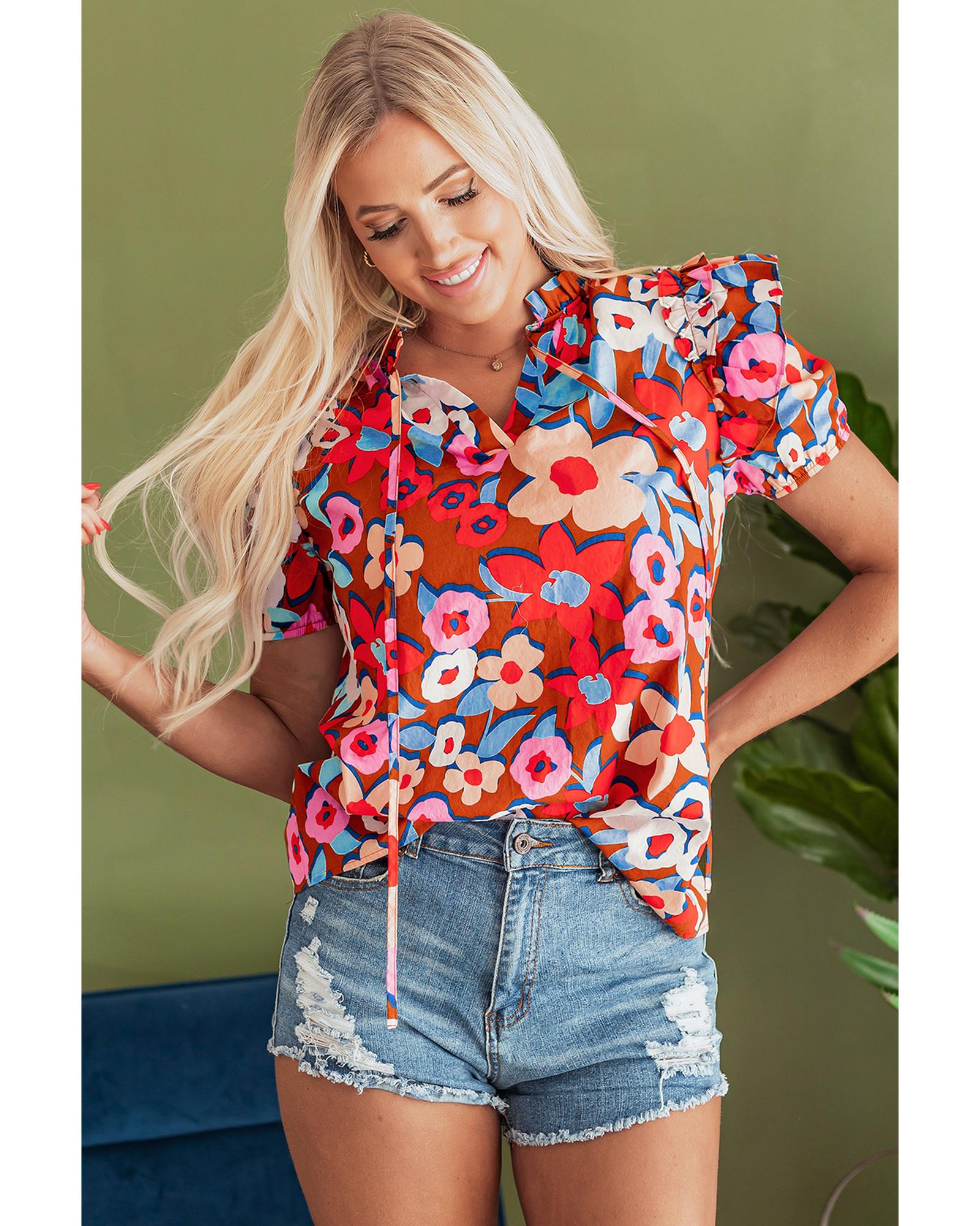 V539-AZEXDC25129425-P1720-S-202506120315-00 Brown Flower Print Self Tie Frilled Collar Puff Sleeve Blouse - S - Image 1