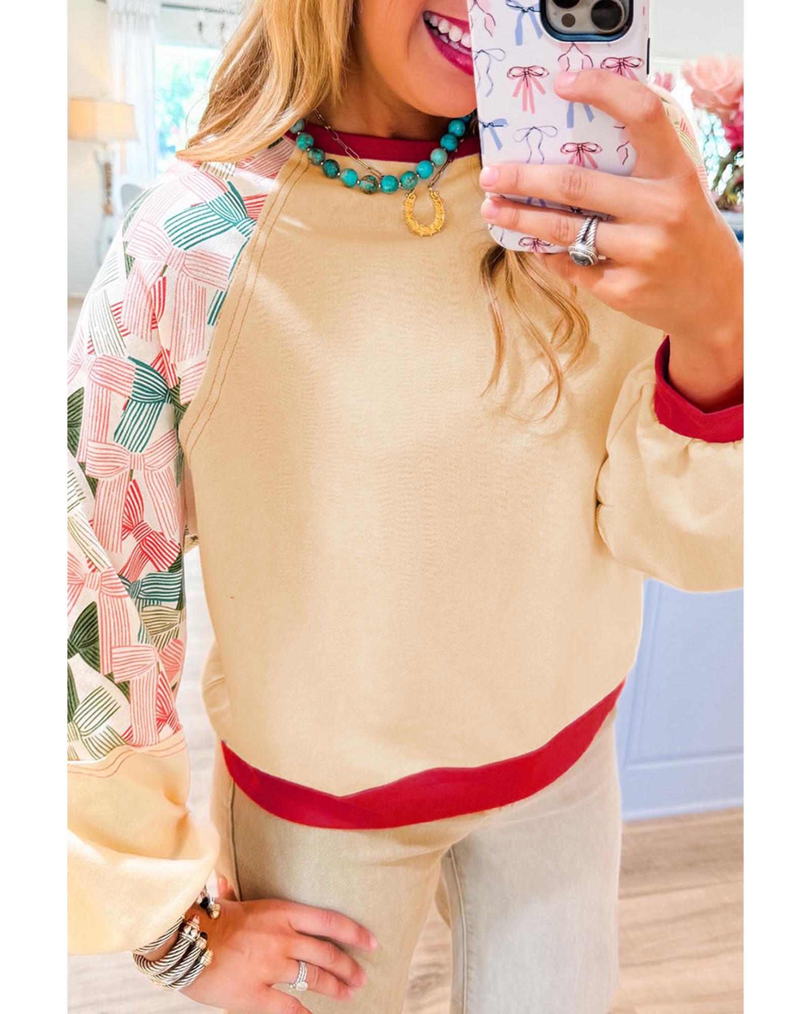 V539-AZEXDC25129458-P15-S-202506120432-00 Beige Bowknot Printed Patchwork Raglan Sleeve Colorblock Edge Top - S - Image 1